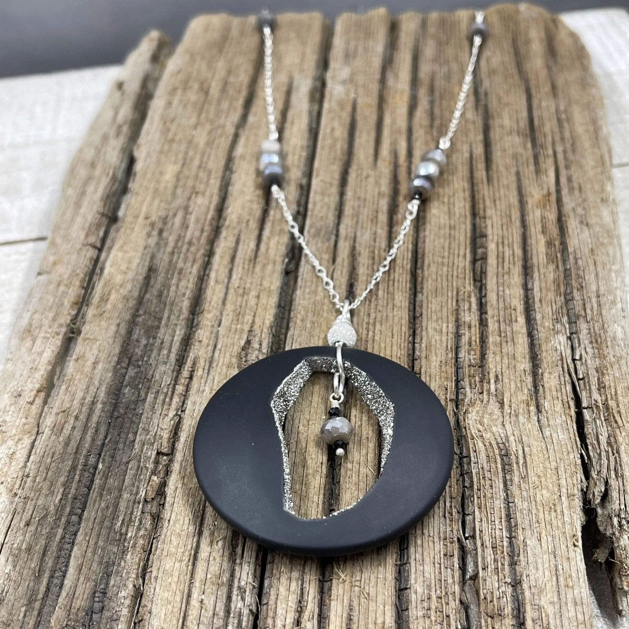 Agate with Platinum Coated Druzy & Moonstone Necklace