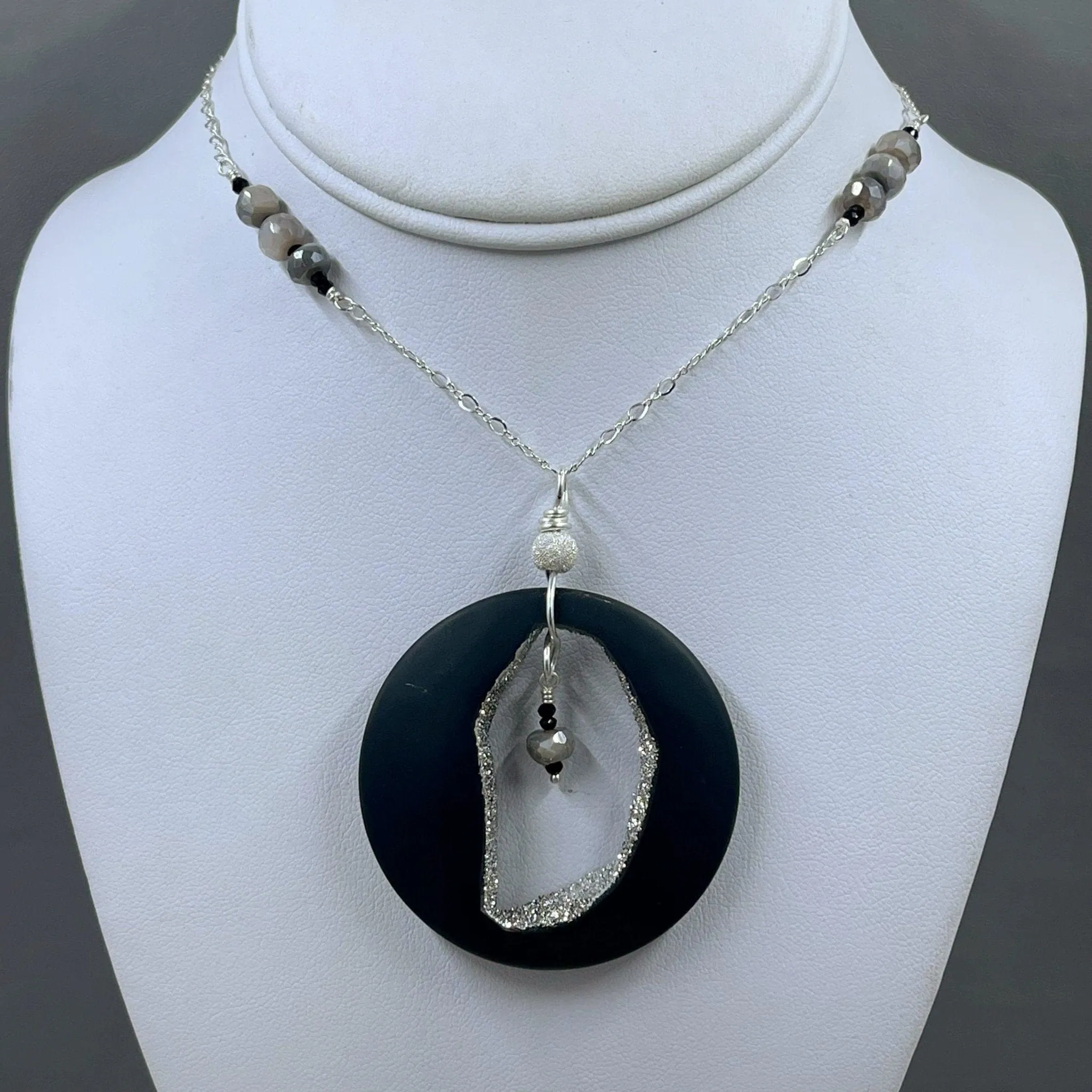Agate with Platinum Coated Druzy & Moonstone Necklace