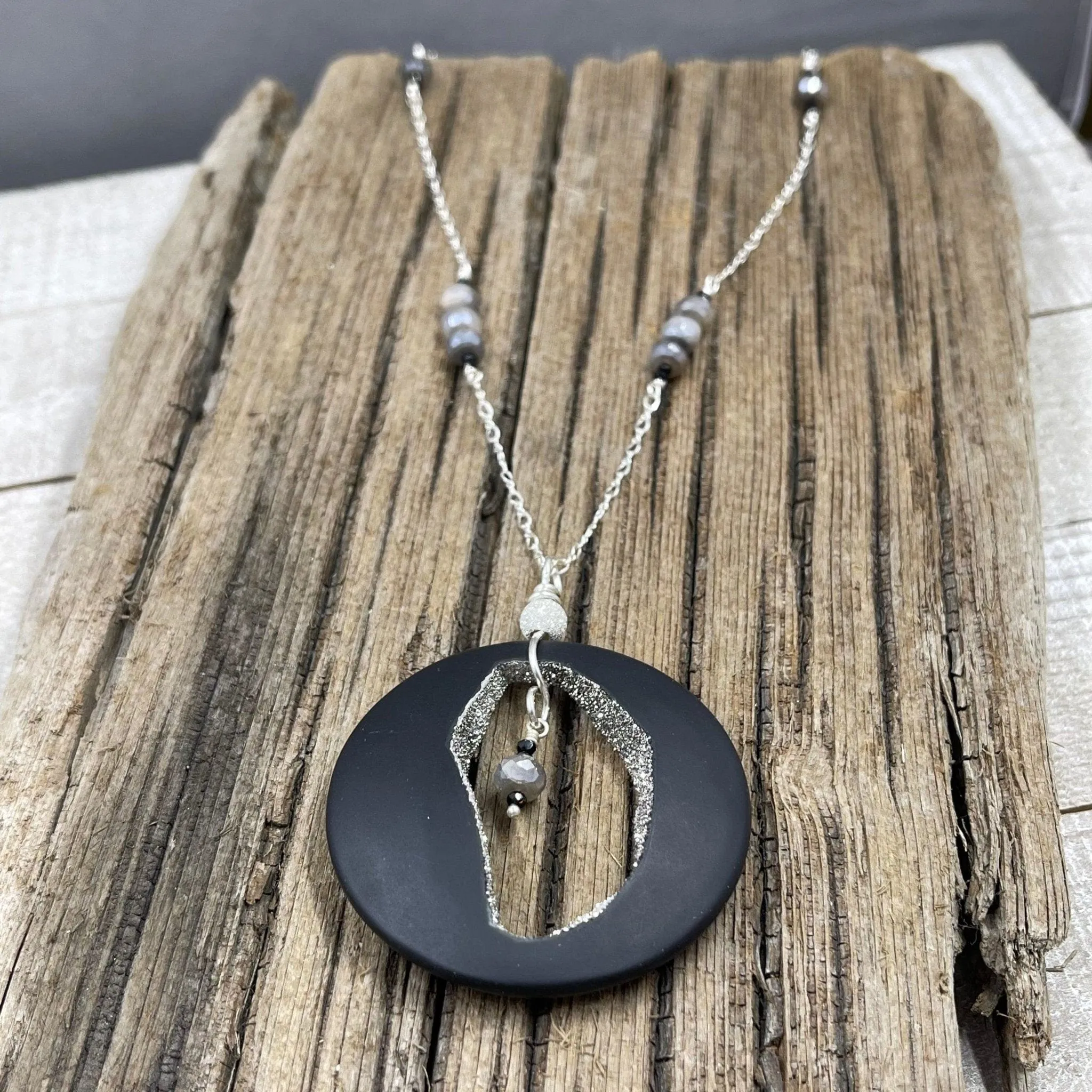 Agate with Platinum Coated Druzy & Moonstone Necklace
