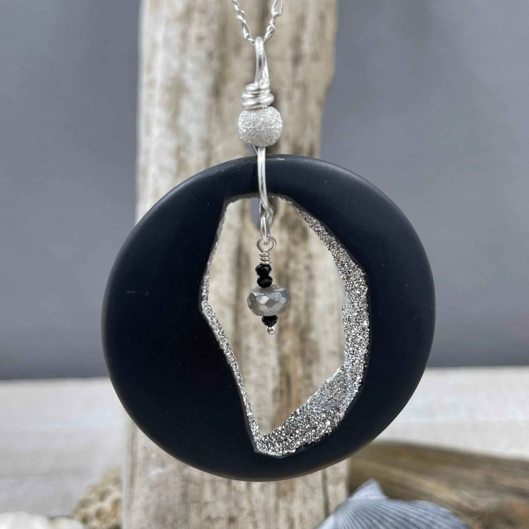 Agate with Platinum Coated Druzy & Moonstone Necklace