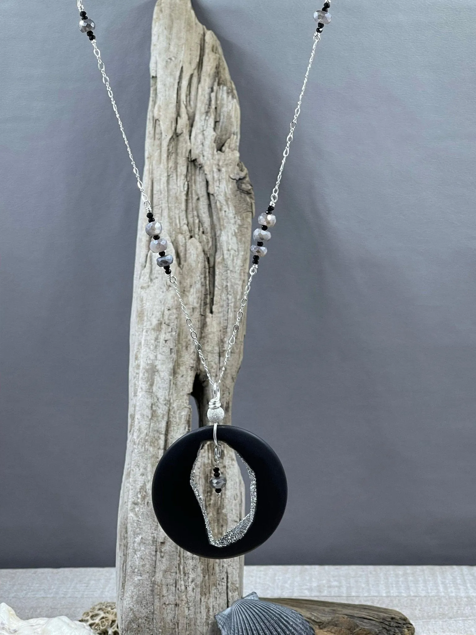 Agate with Platinum Coated Druzy & Moonstone Necklace