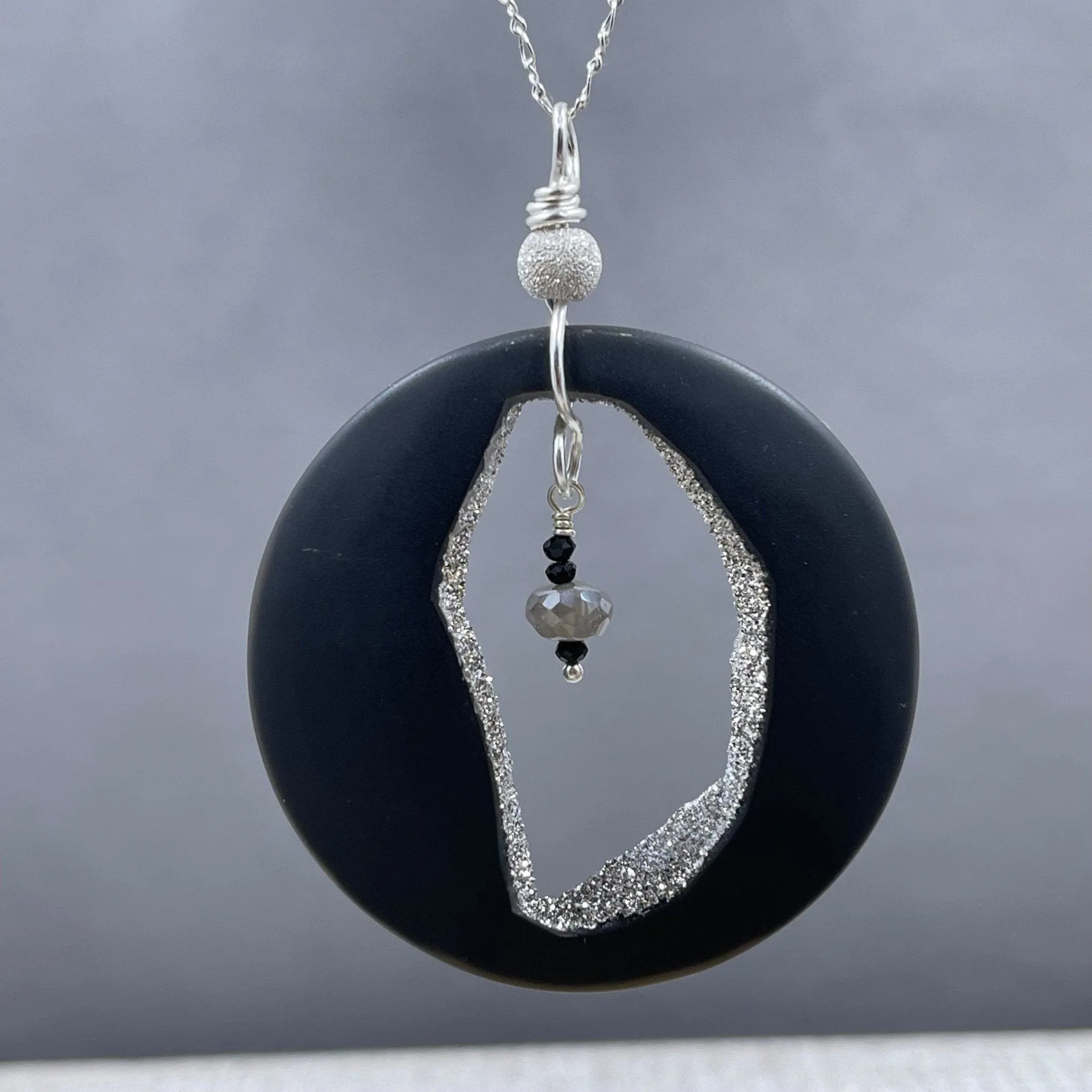 Agate with Platinum Coated Druzy & Moonstone Necklace