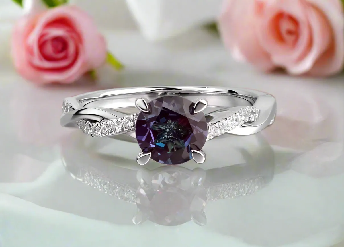 Alexandrite Stone Twist Round Cut Engagement Ring