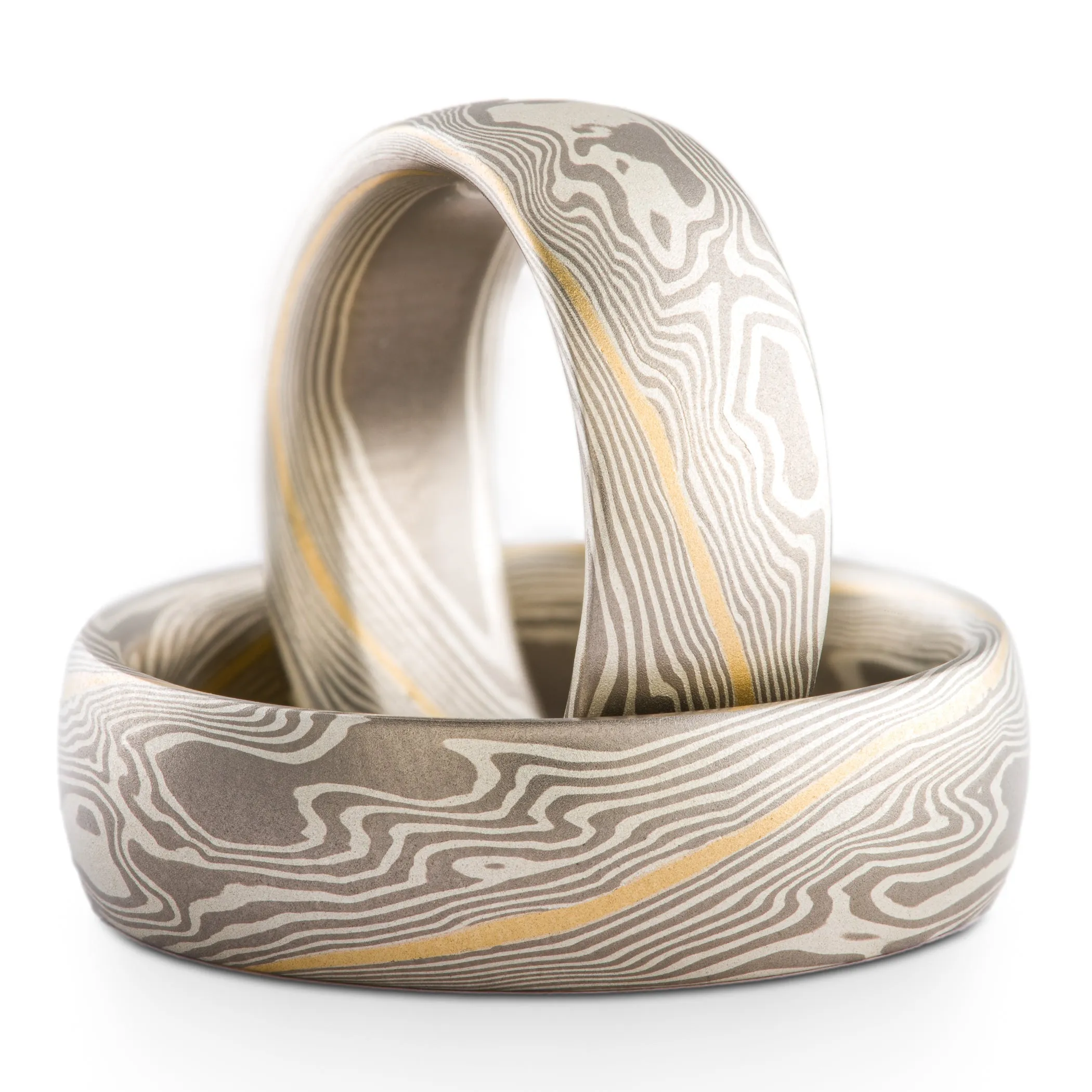 Alpine Mokume Gane Ring Set in Twist Pattern and Smoke Palette