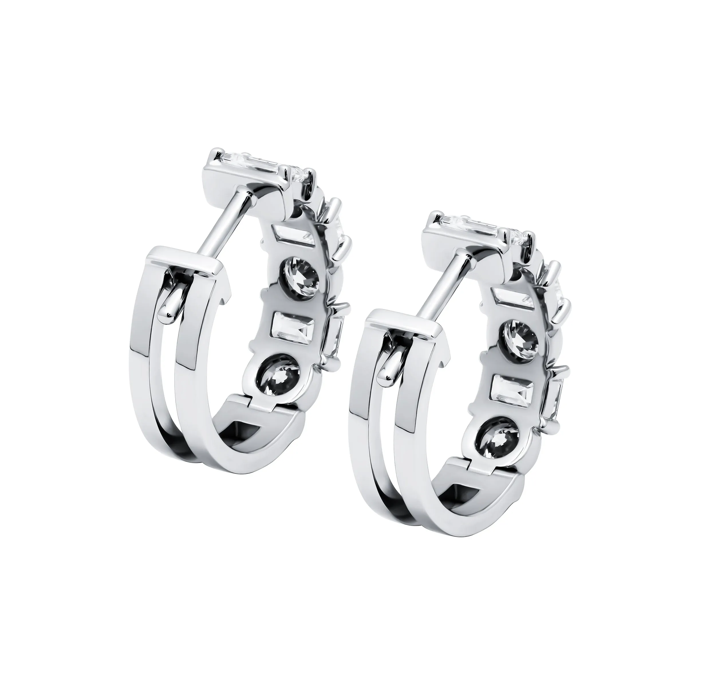 Alternating Diamond Hoop Earrings with Emerald Cut & Round Diamonds