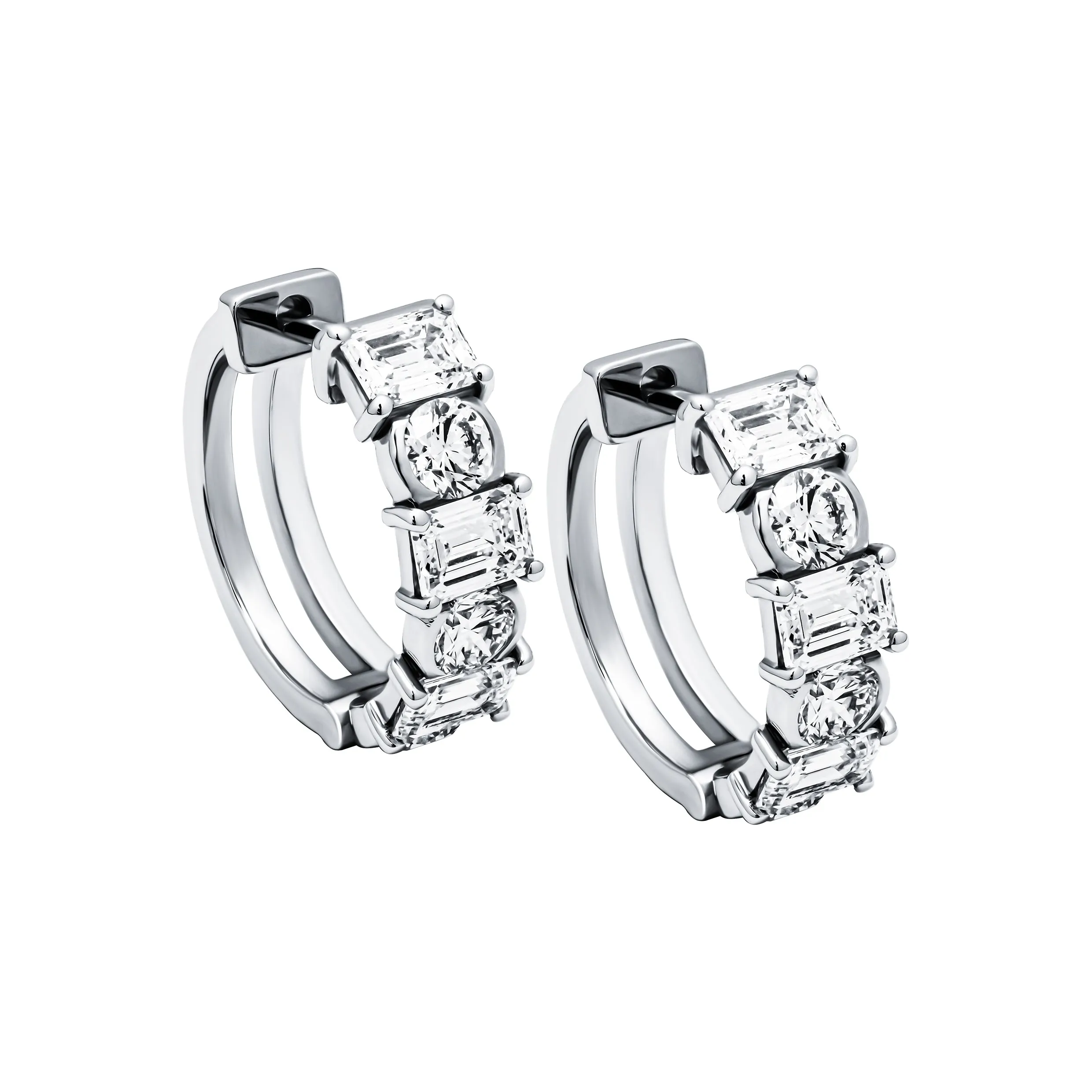 Alternating Diamond Hoop Earrings with Emerald Cut & Round Diamonds