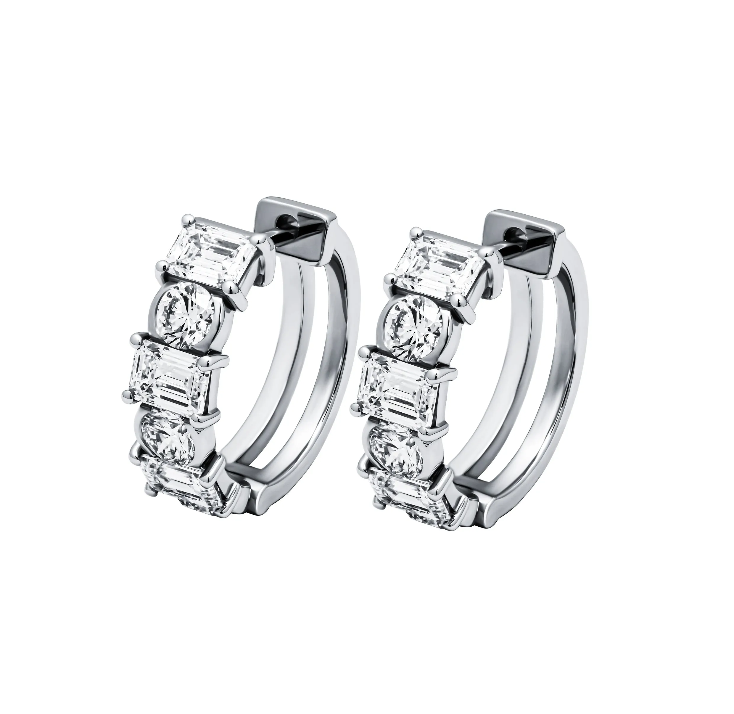 Alternating Diamond Hoop Earrings with Emerald Cut & Round Diamonds