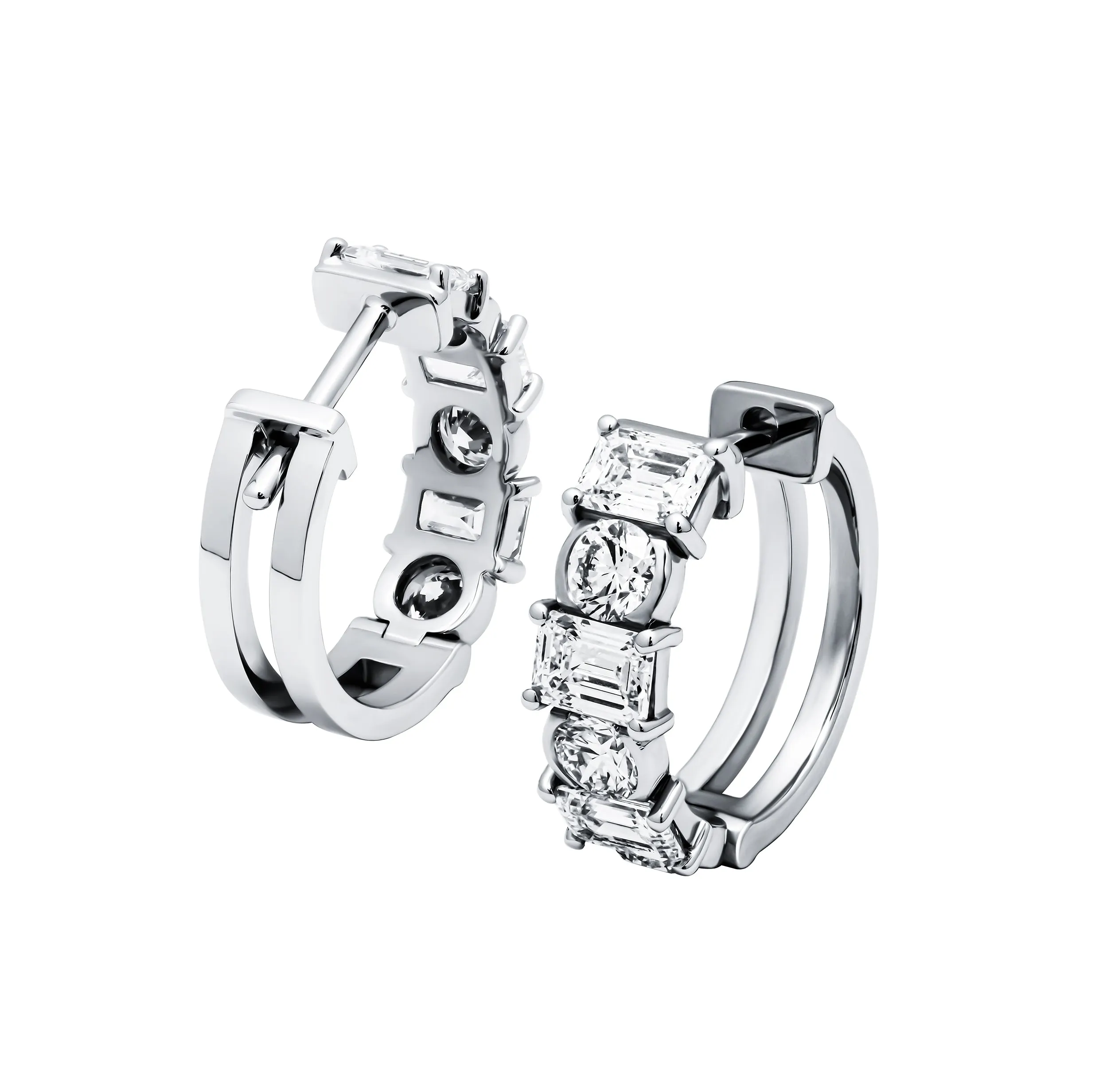 Alternating Diamond Hoop Earrings with Emerald Cut & Round Diamonds