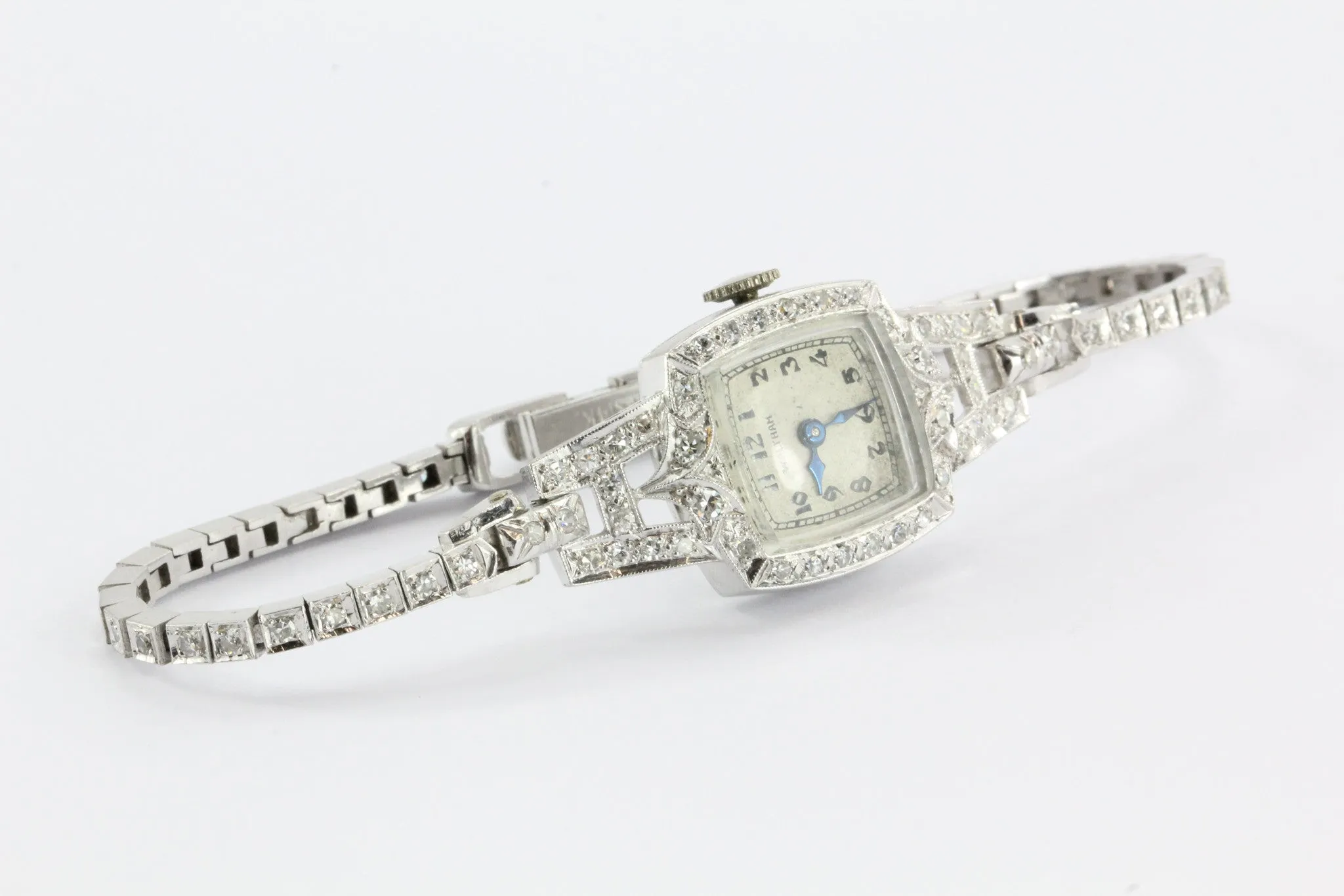 Antique Art Deco Platinum & 14K White Gold Diamond 17 Jewel Waltham Watch