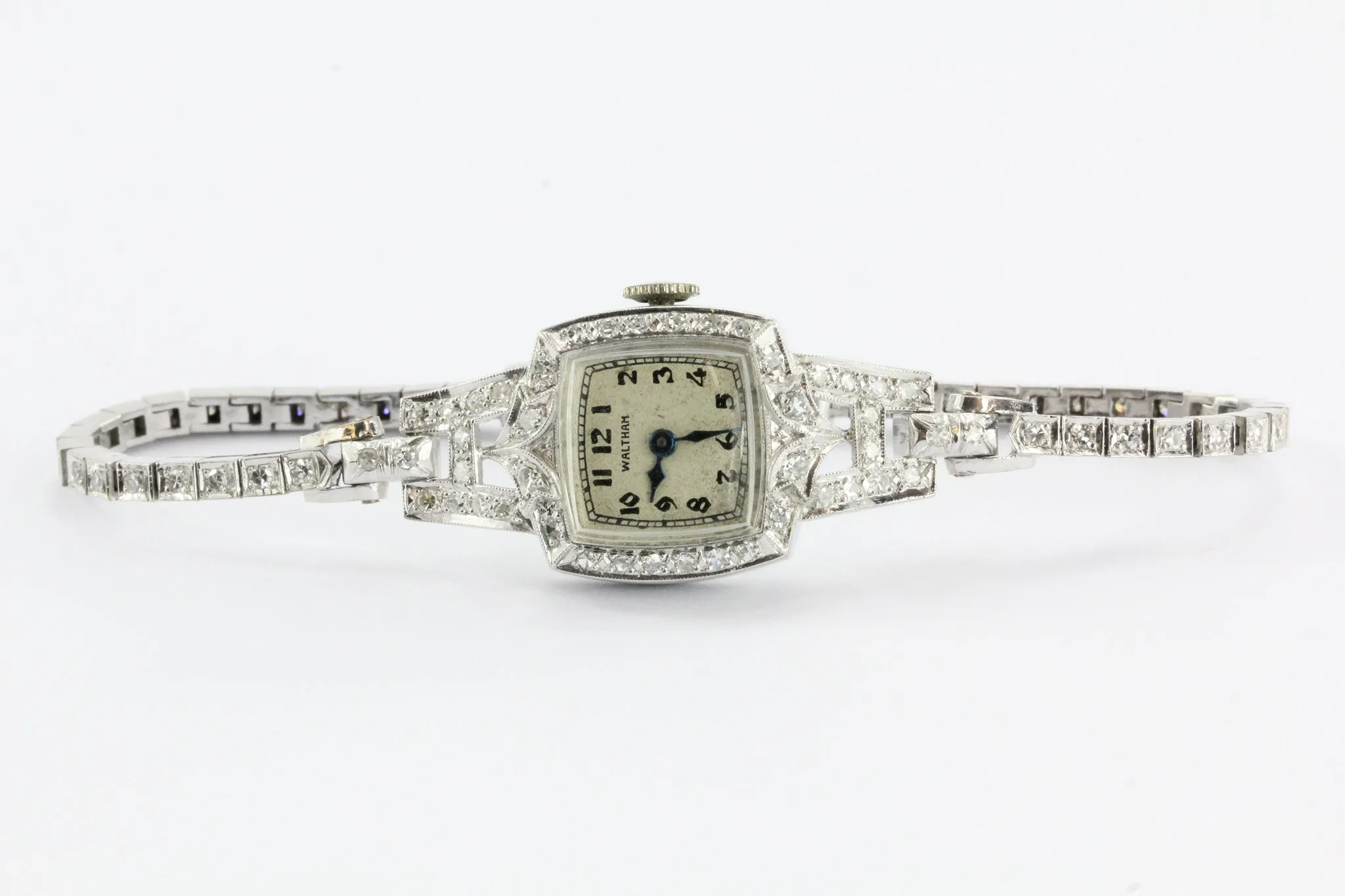 Antique Art Deco Platinum & 14K White Gold Diamond 17 Jewel Waltham Watch