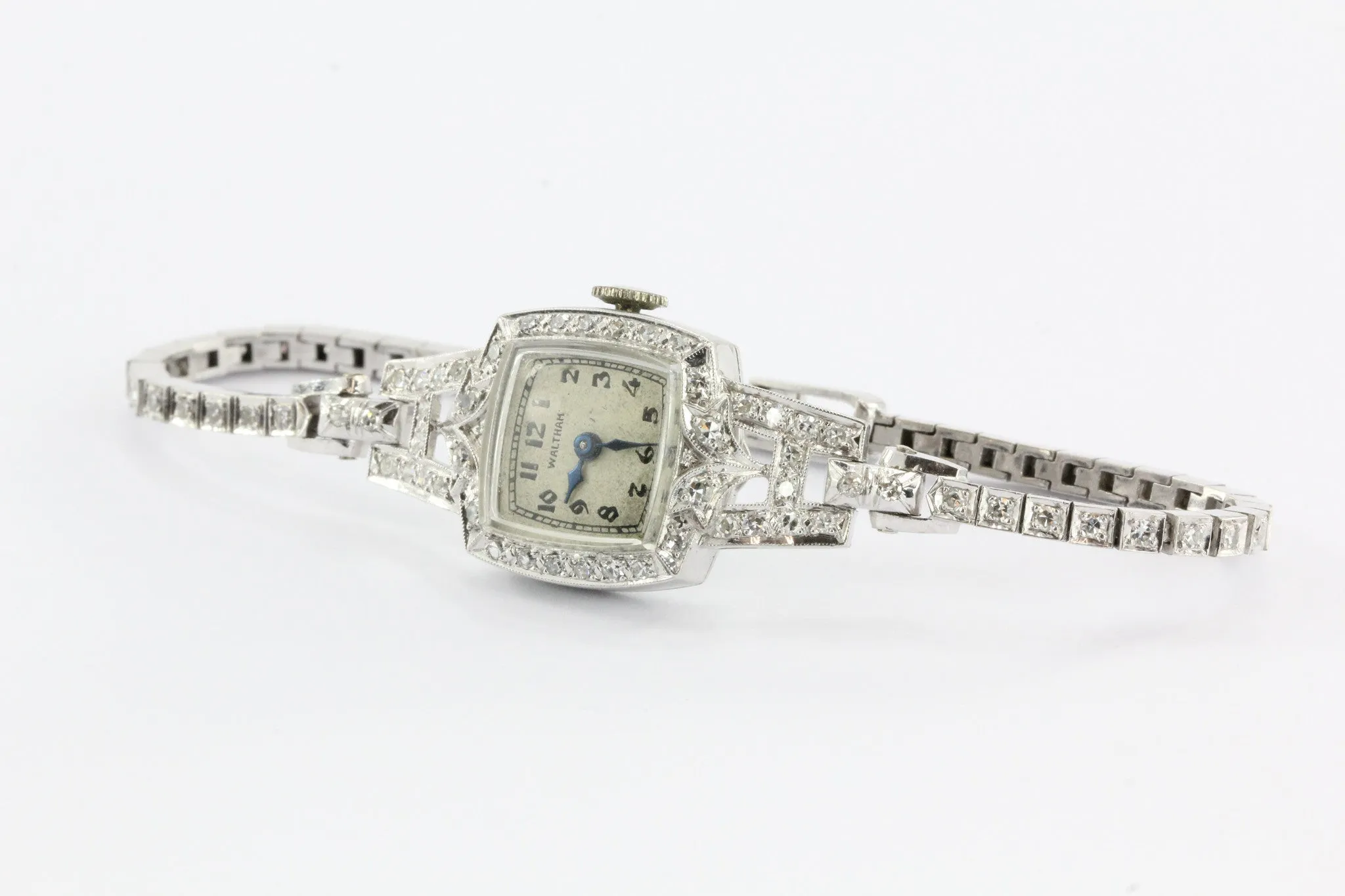 Antique Art Deco Platinum & 14K White Gold Diamond 17 Jewel Waltham Watch