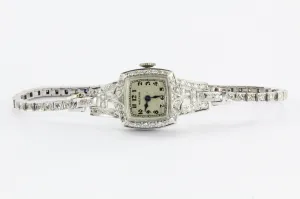 Antique Art Deco Platinum & 14K White Gold Diamond 17 Jewel Waltham Watch
