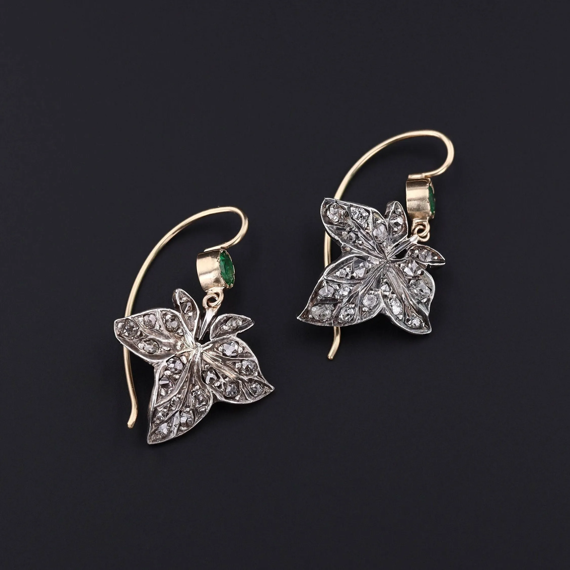 Antique Diamond Leaf Conversion Earrings of 14k Gold