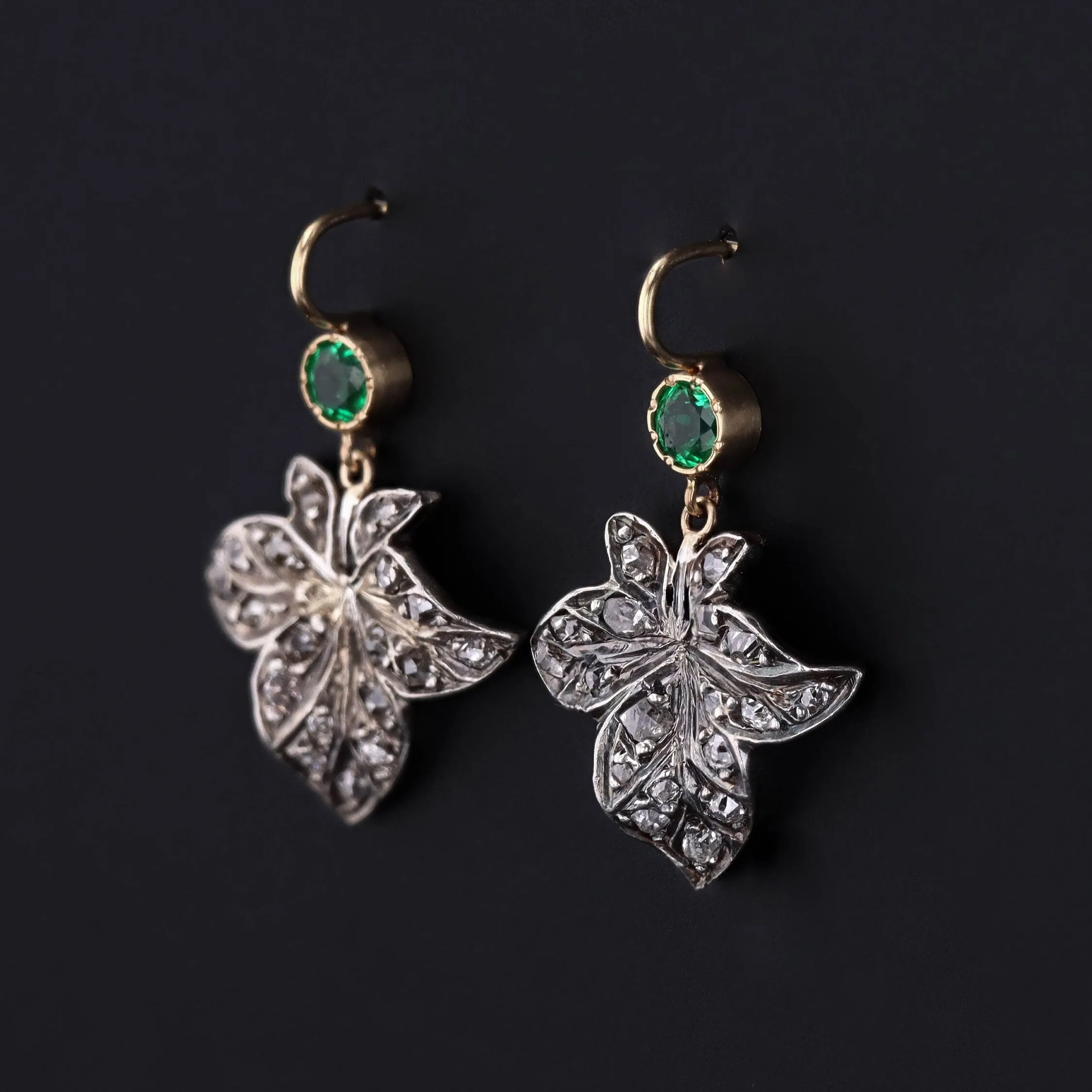 Antique Diamond Leaf Conversion Earrings of 14k Gold