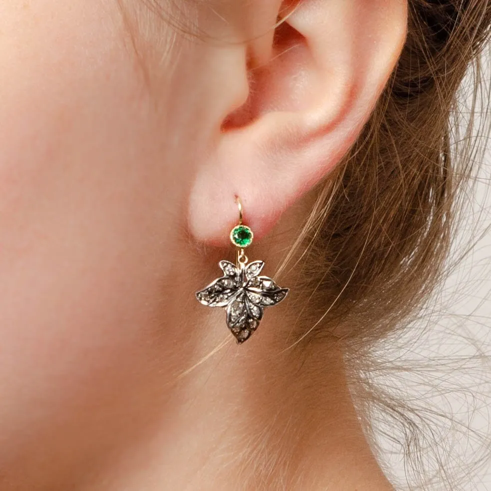 Antique Diamond Leaf Conversion Earrings of 14k Gold