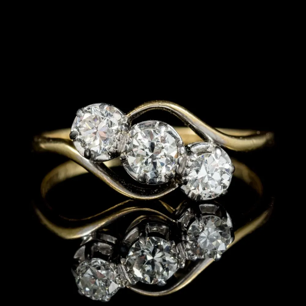 Antique Edwardian Twist Diamond Trilogy Ring 18Ct Gold Platinum Circa 1915