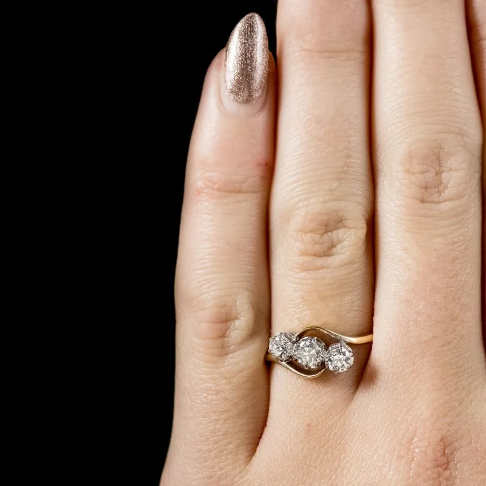 Antique Edwardian Twist Diamond Trilogy Ring 18Ct Gold Platinum Circa 1915