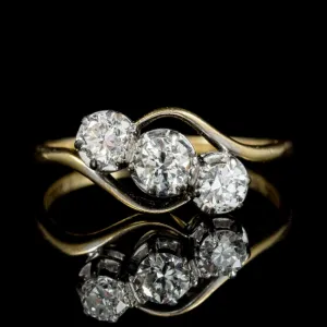 Antique Edwardian Twist Diamond Trilogy Ring 18Ct Gold Platinum Circa 1915