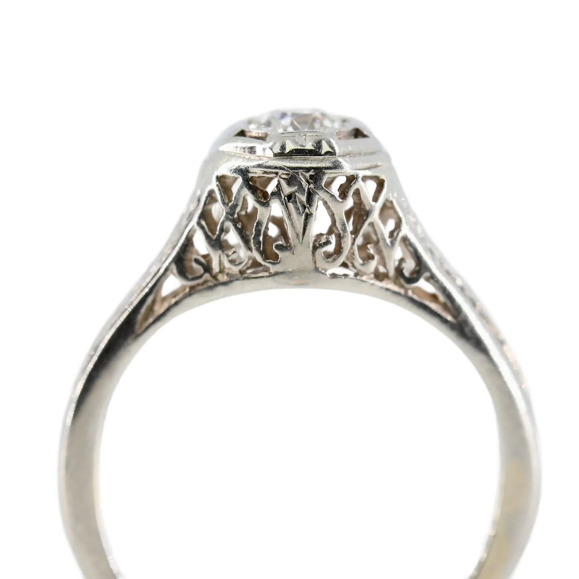 Art Deco 0.20 Carat Old European Cut Diamond Engagement Solitaire Ring in 18K Wh