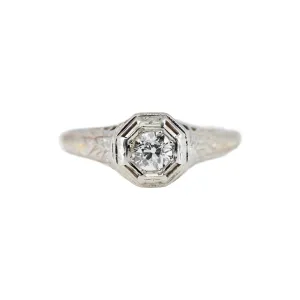 Art Deco 0.20 Carat Old European Cut Diamond Engagement Solitaire Ring in 18K Wh