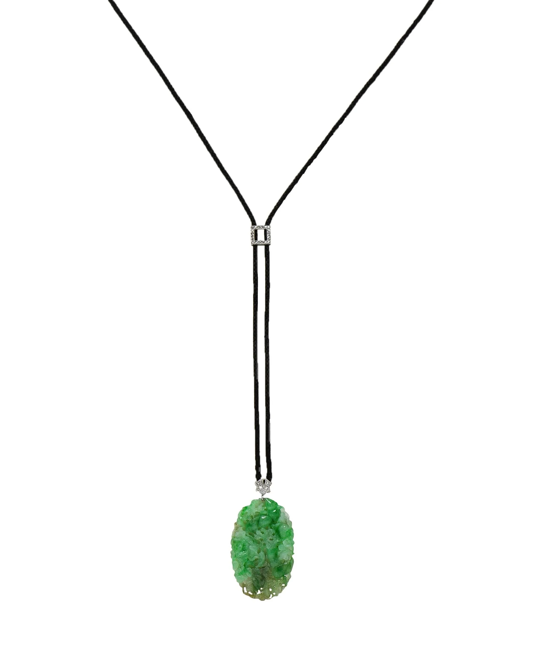 Art Deco Carved Jade Diamond Platinum Antique Sartuoir Slide Pendant Necklace