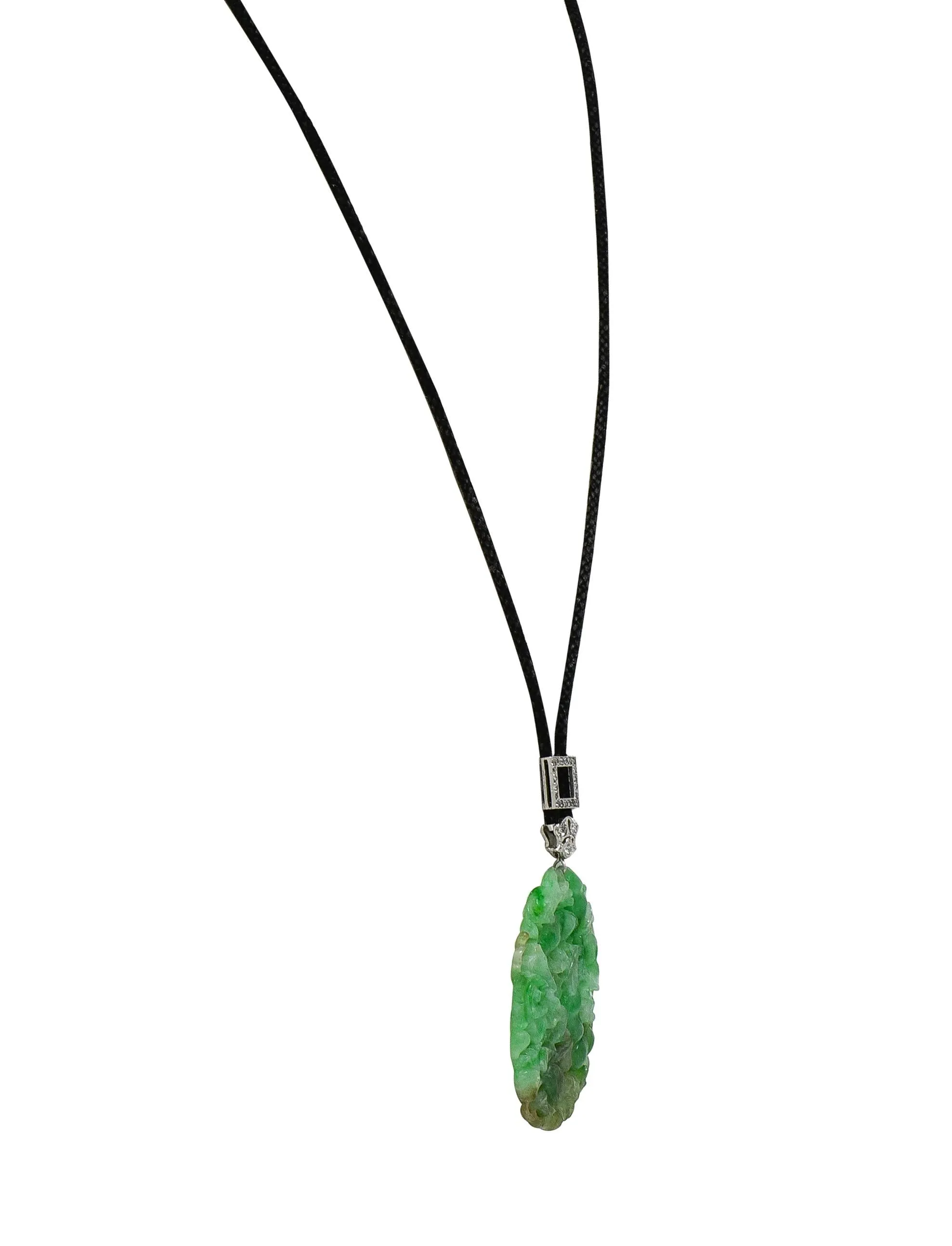 Art Deco Carved Jade Diamond Platinum Antique Sartuoir Slide Pendant Necklace