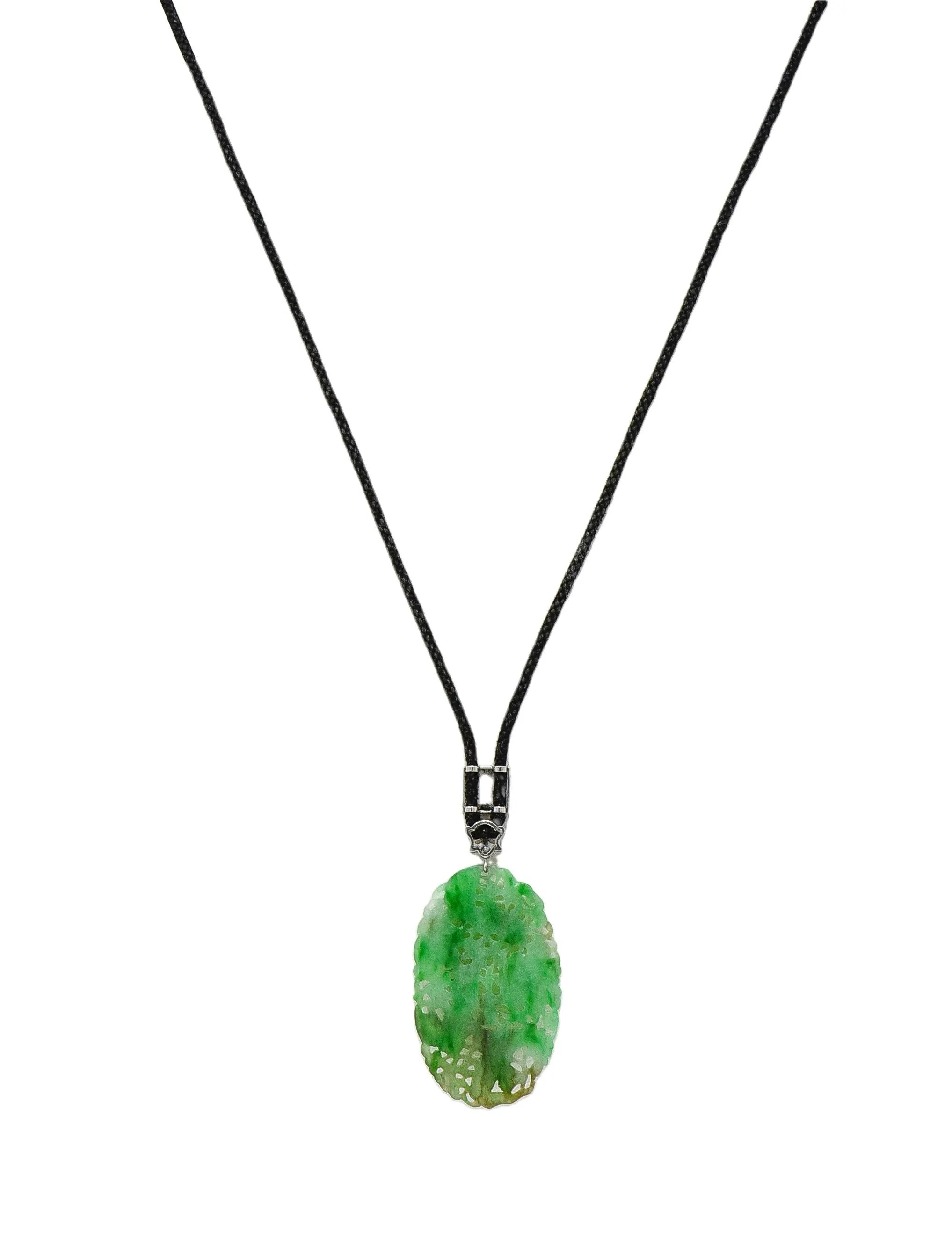 Art Deco Carved Jade Diamond Platinum Antique Sartuoir Slide Pendant Necklace