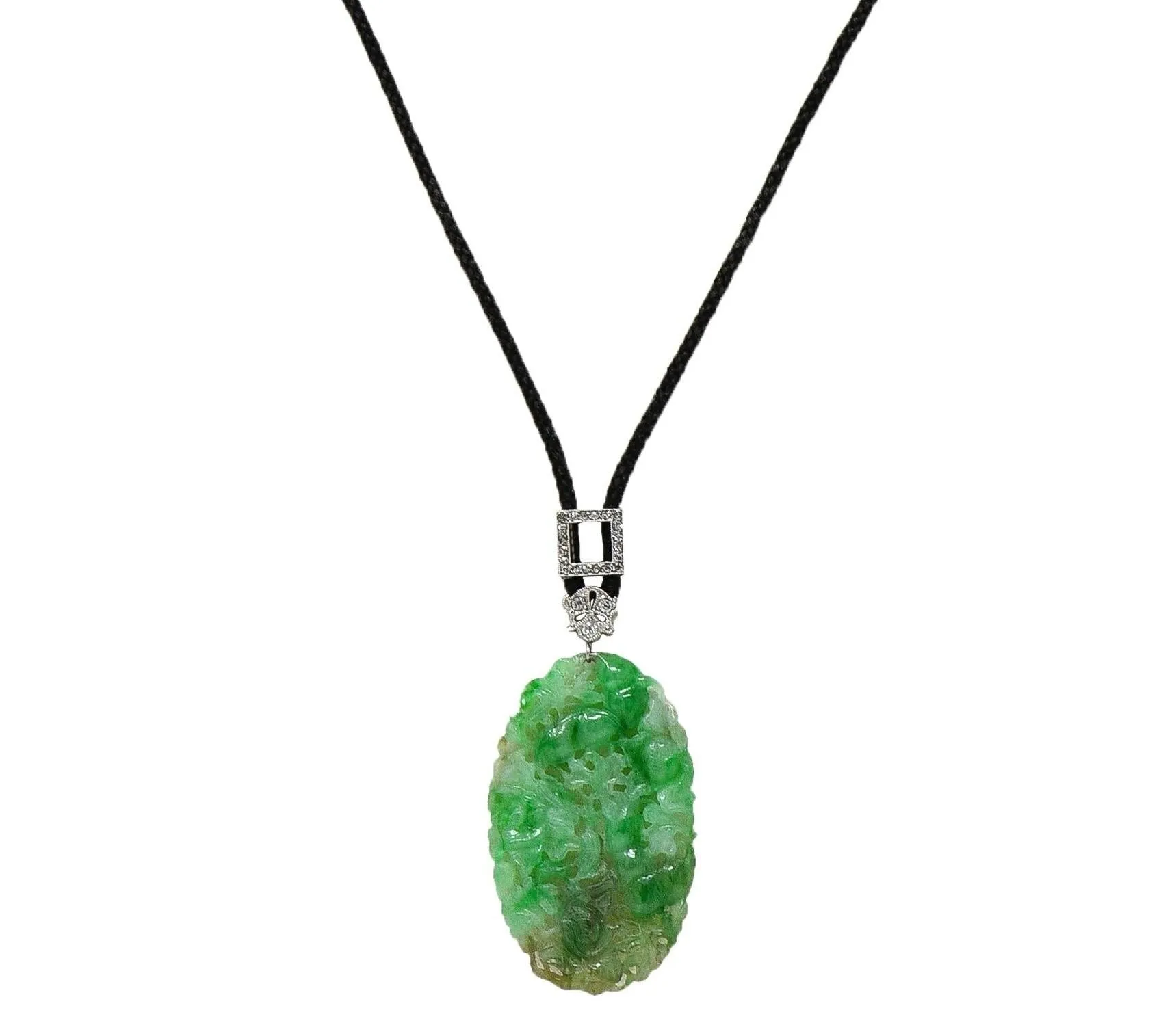 Art Deco Carved Jade Diamond Platinum Antique Sartuoir Slide Pendant Necklace