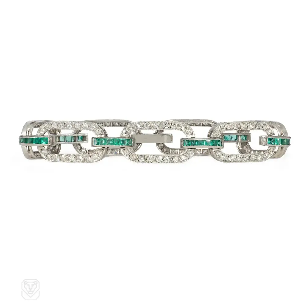 Art Deco emerald and diamond link bracelet