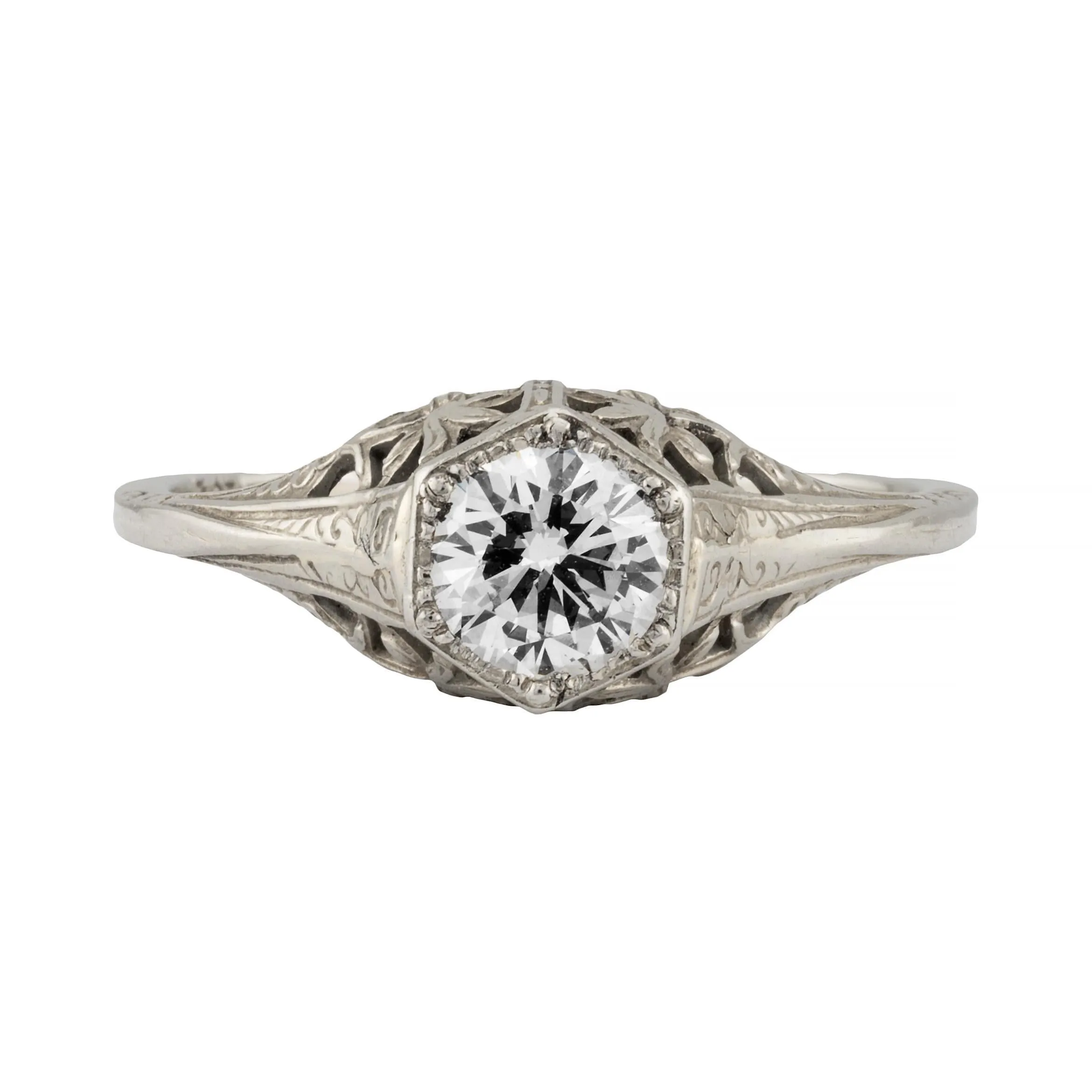 Art Deco Floral 0.40ct Diamond Filigree Engagement Ring in 18K White Gold