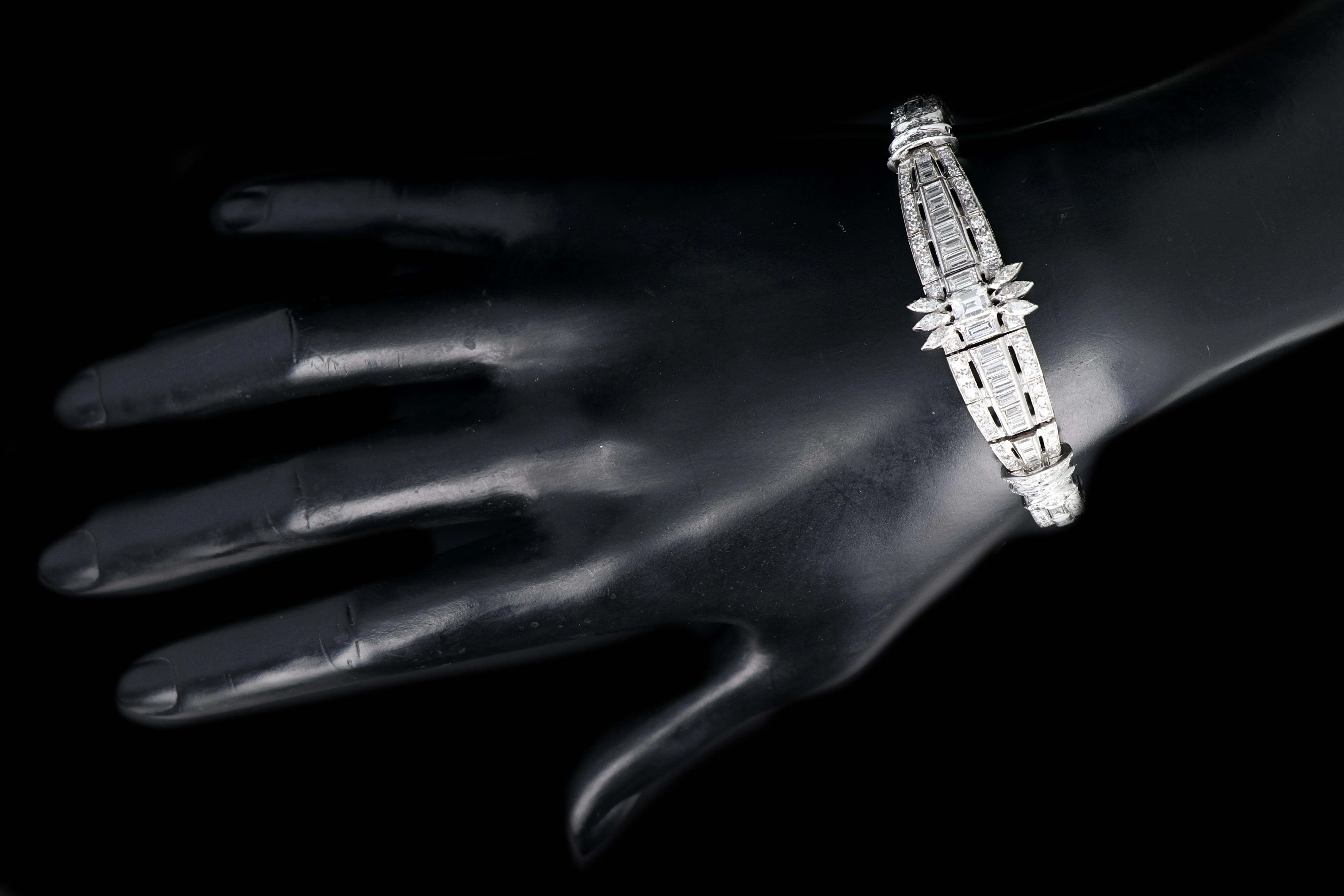 Art Deco Platinum 6 Carat Emerald, Marquise, Straight Baguette, and Single Cut Diamond Bracelet
