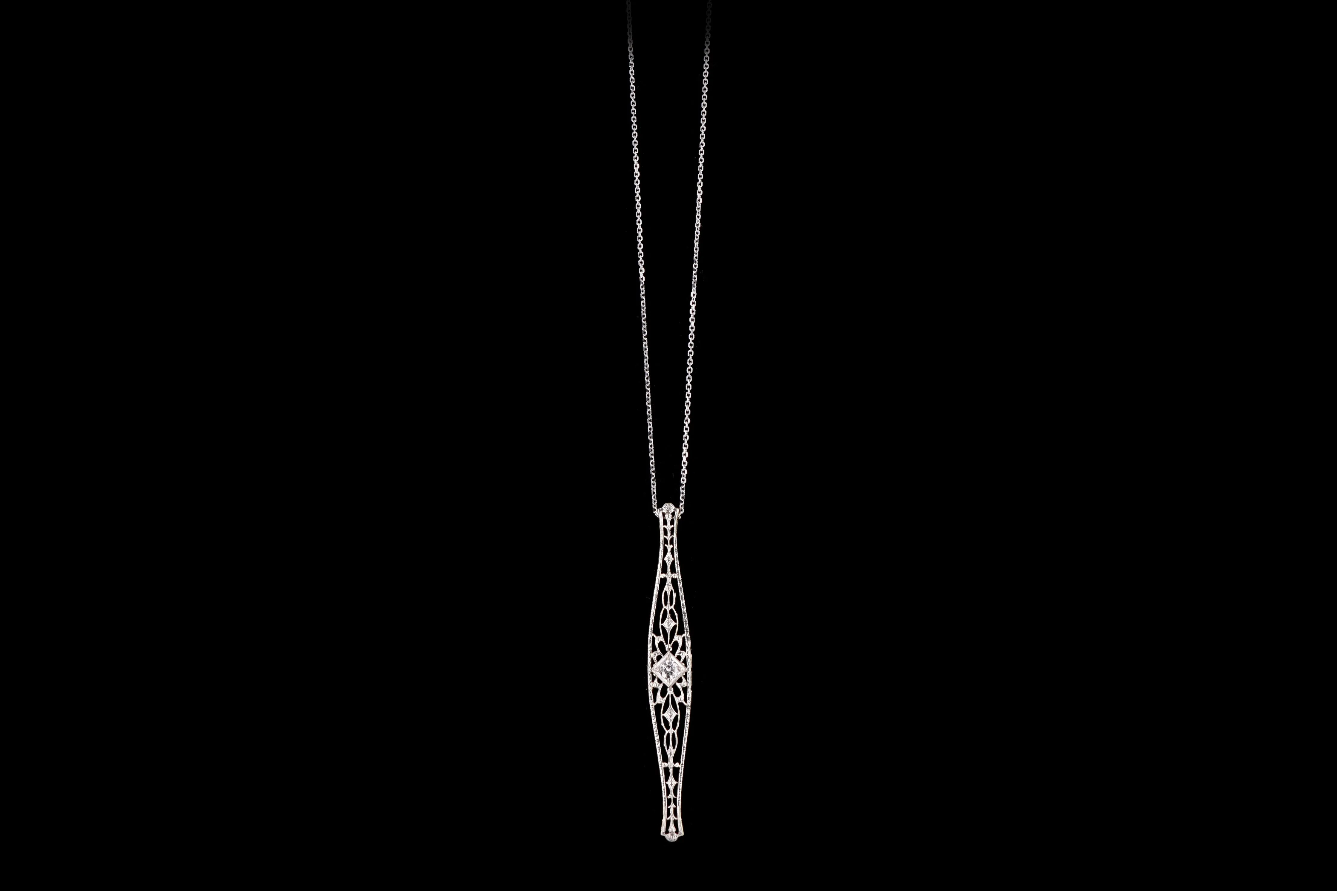 Art Deco Platinum & 14K Yellow Gold .14 Carat Old European Cut Diamond Bar Pin Conversion Pendant Necklace
