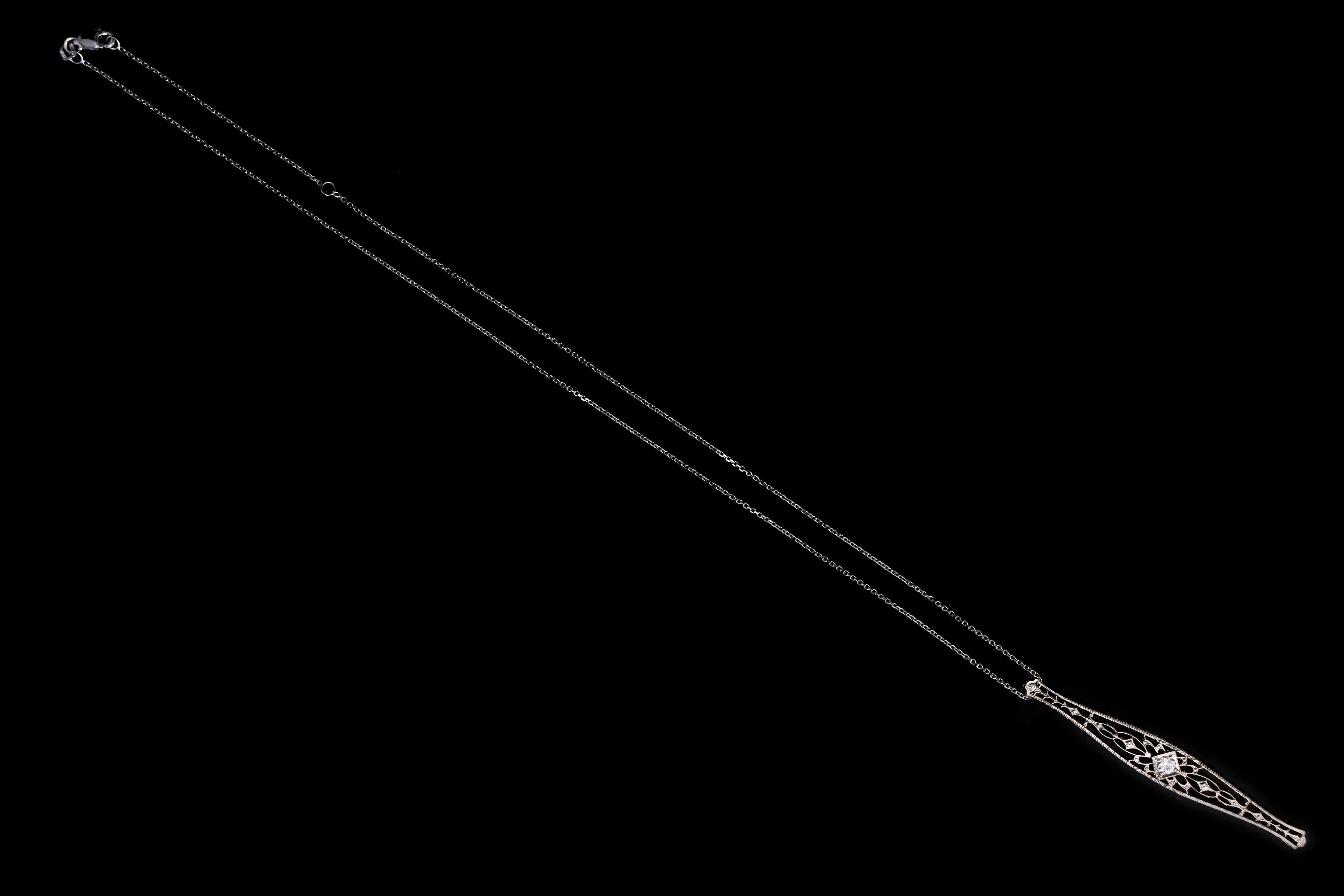 Art Deco Platinum & 14K Yellow Gold .14 Carat Old European Cut Diamond Bar Pin Conversion Pendant Necklace