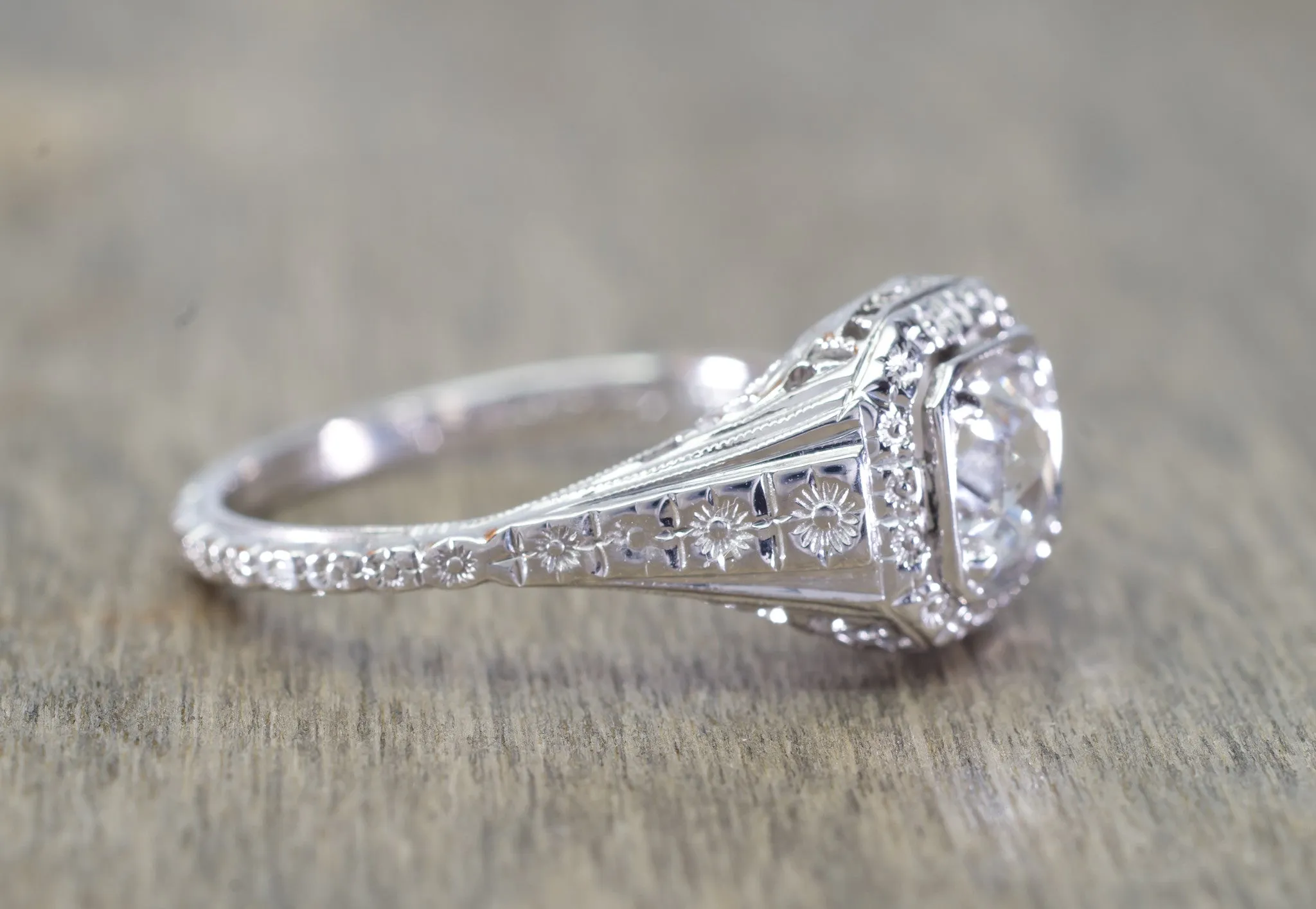 ART DECO SIGNED WHITE ROSE SOLITAIRE WITH ROSE CUT DIAMOND CENTER