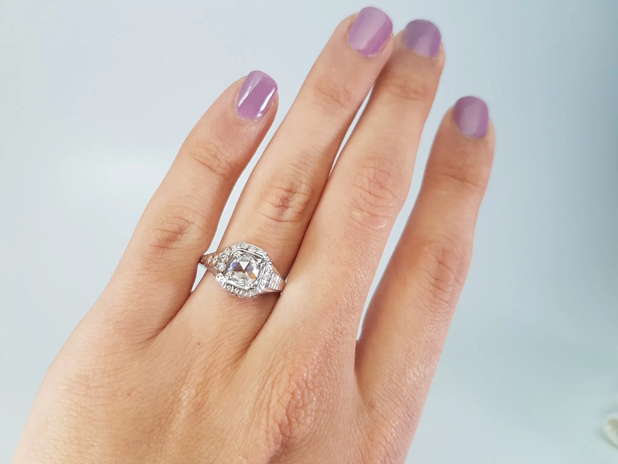 ART DECO SIGNED WHITE ROSE SOLITAIRE WITH ROSE CUT DIAMOND CENTER