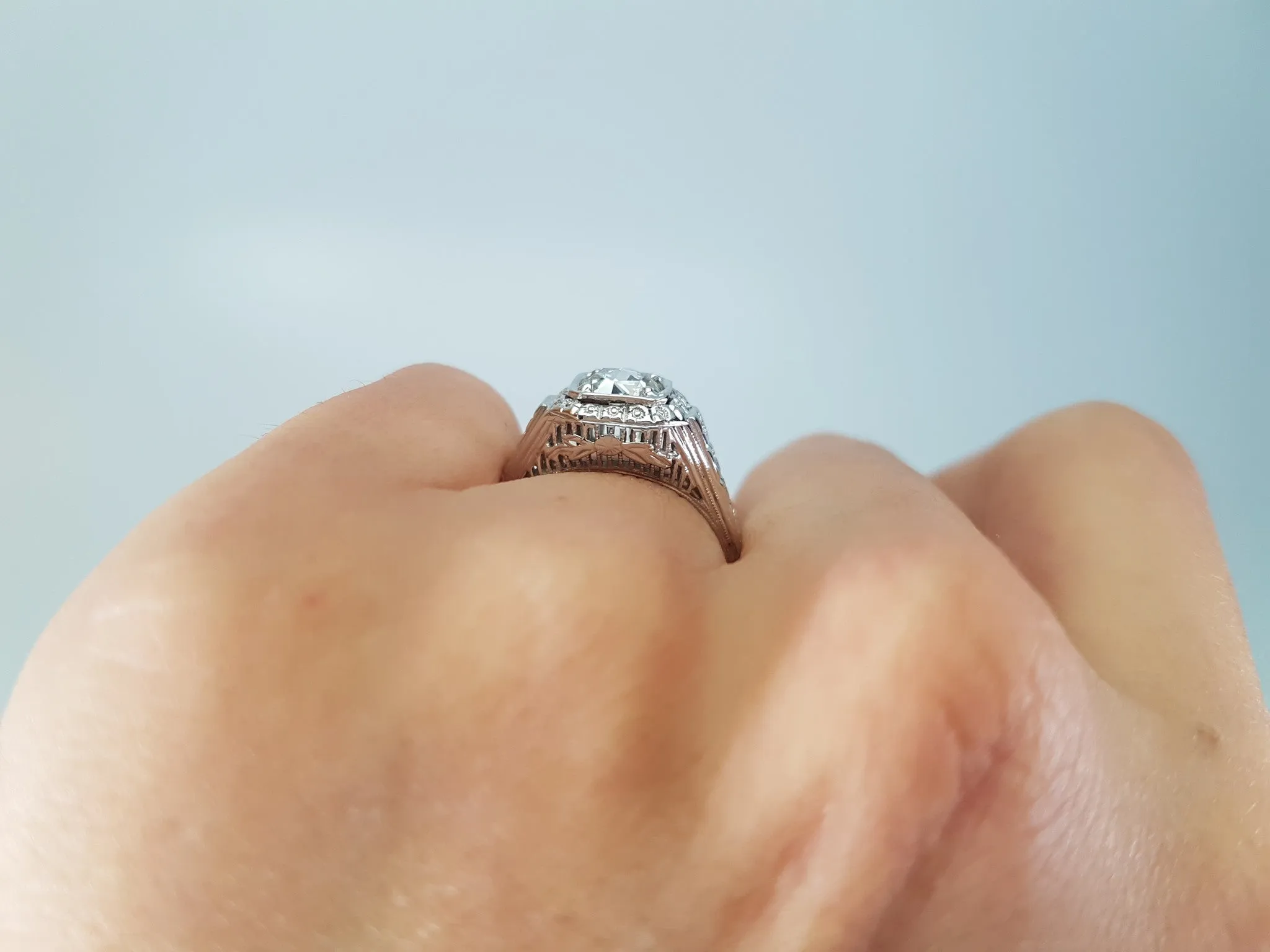 ART DECO SIGNED WHITE ROSE SOLITAIRE WITH ROSE CUT DIAMOND CENTER