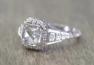 ART DECO SIGNED WHITE ROSE SOLITAIRE WITH ROSE CUT DIAMOND CENTER