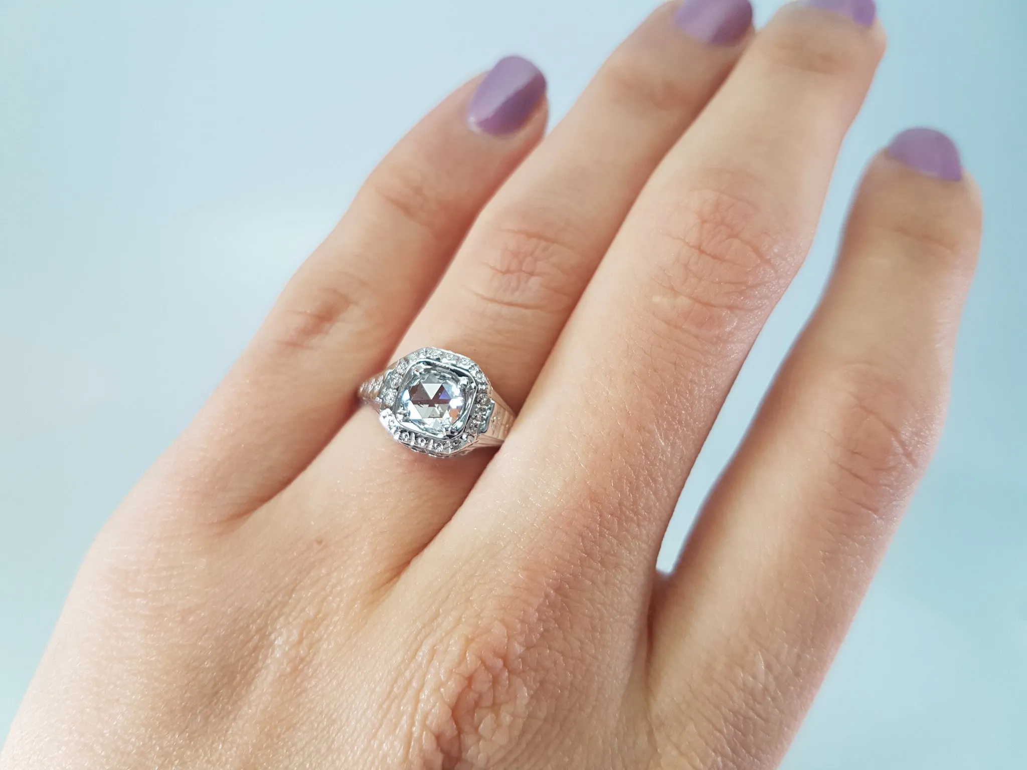ART DECO SIGNED WHITE ROSE SOLITAIRE WITH ROSE CUT DIAMOND CENTER