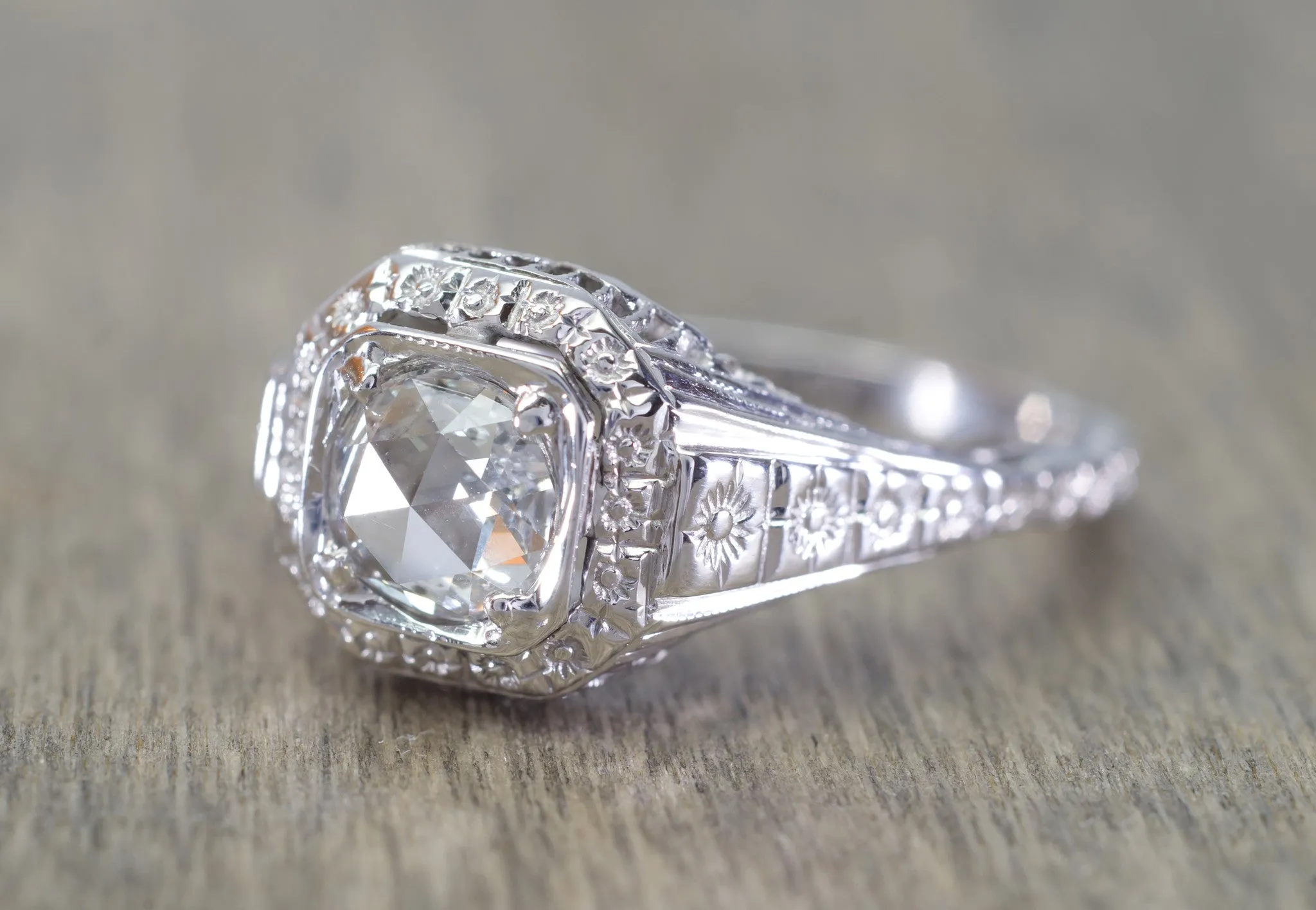 ART DECO SIGNED WHITE ROSE SOLITAIRE WITH ROSE CUT DIAMOND CENTER