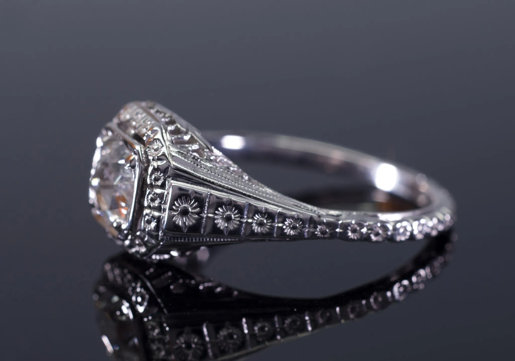 ART DECO SIGNED WHITE ROSE SOLITAIRE WITH ROSE CUT DIAMOND CENTER