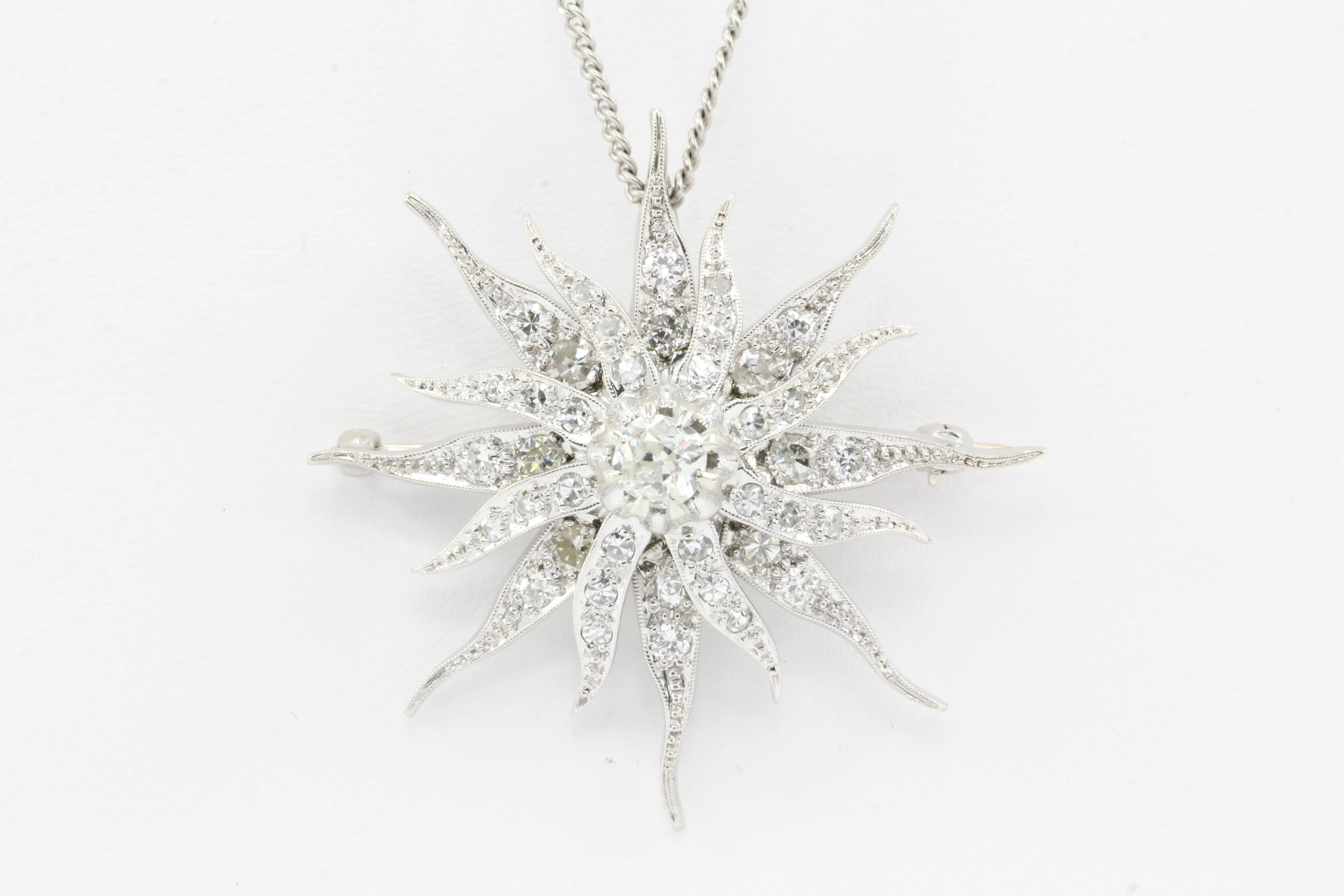 Art Nouveau Platinum Diamond Sun / Star Burst Pendant / Brooch Necklace c.1900