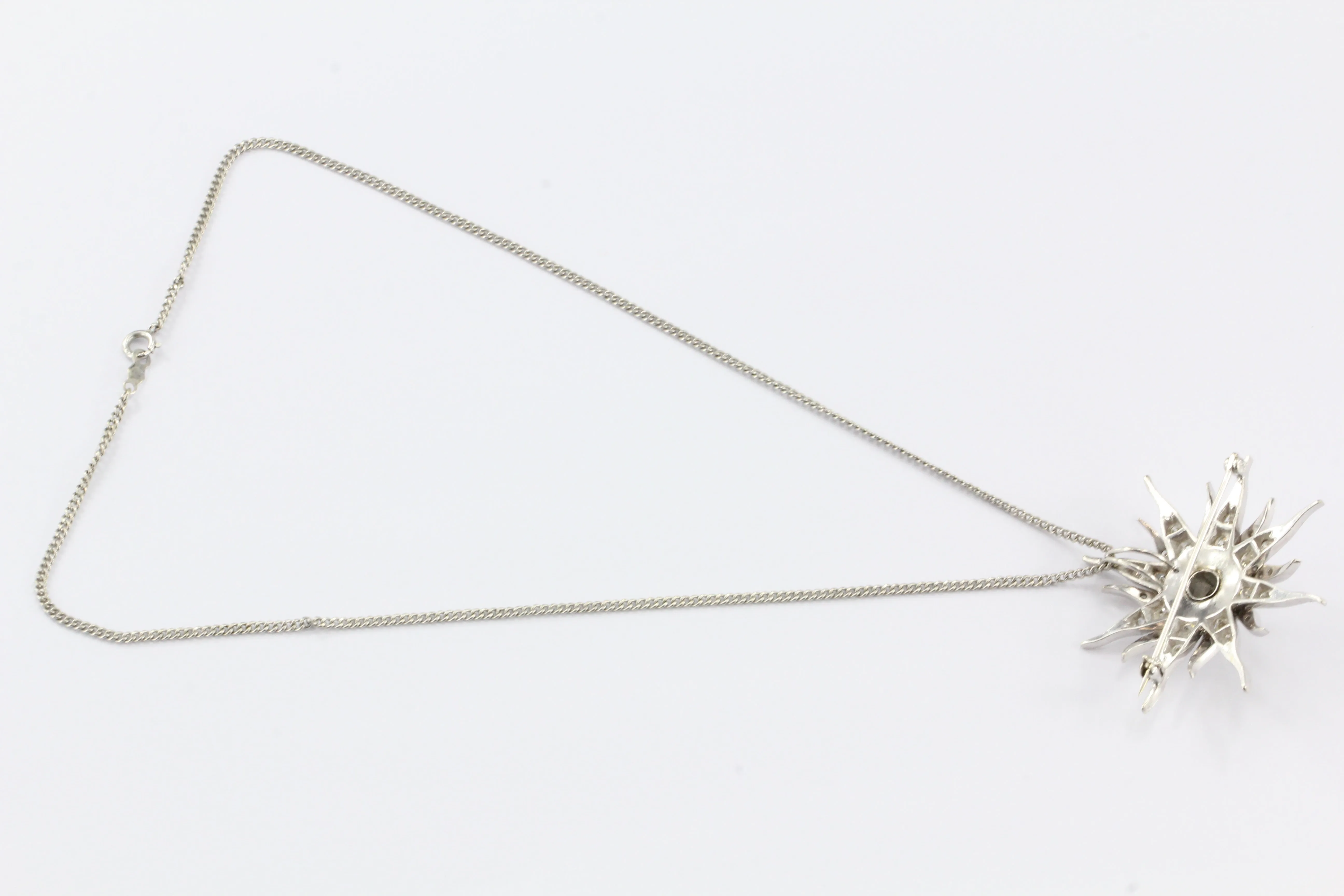Art Nouveau Platinum Diamond Sun / Star Burst Pendant / Brooch Necklace c.1900