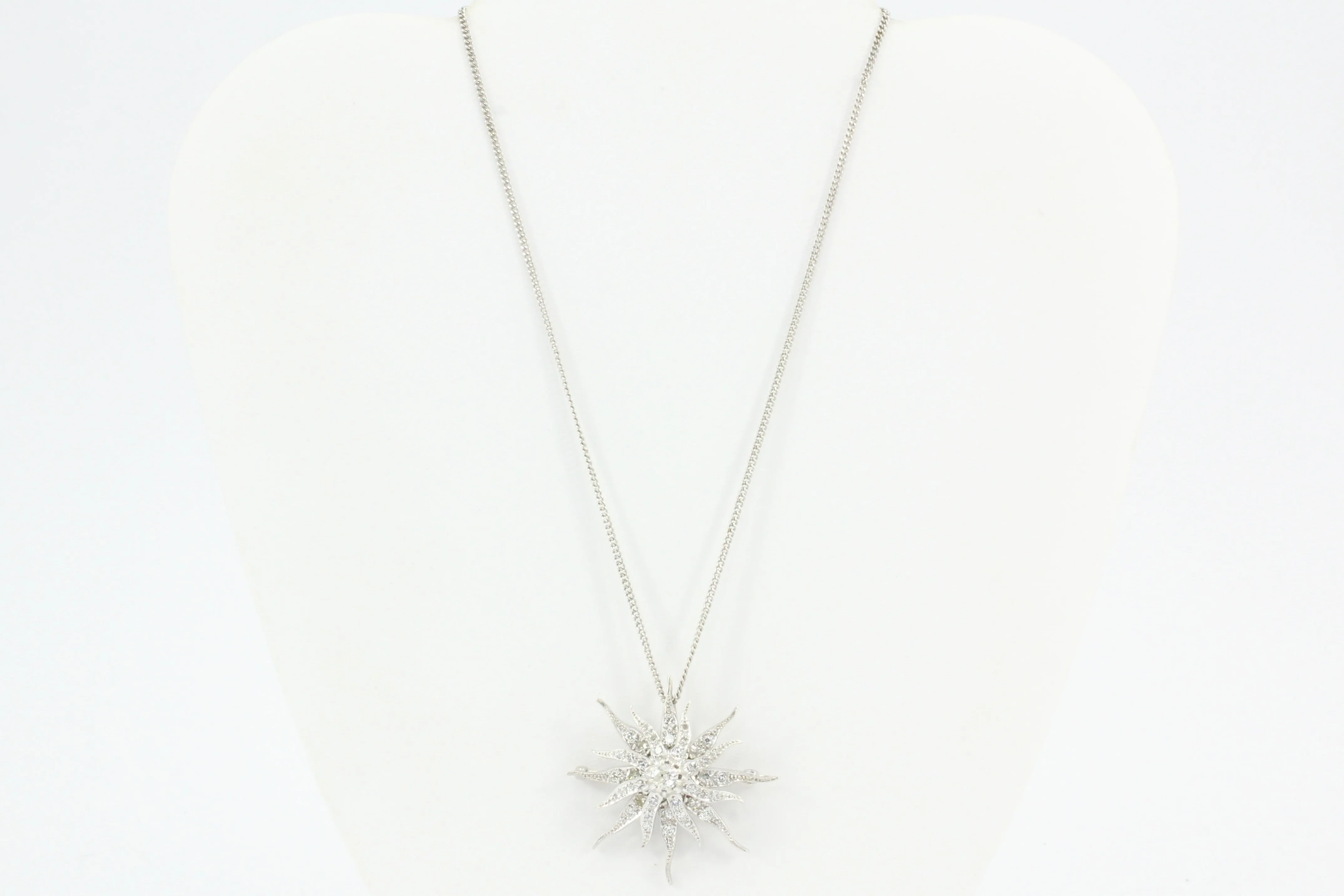 Art Nouveau Platinum Diamond Sun / Star Burst Pendant / Brooch Necklace c.1900
