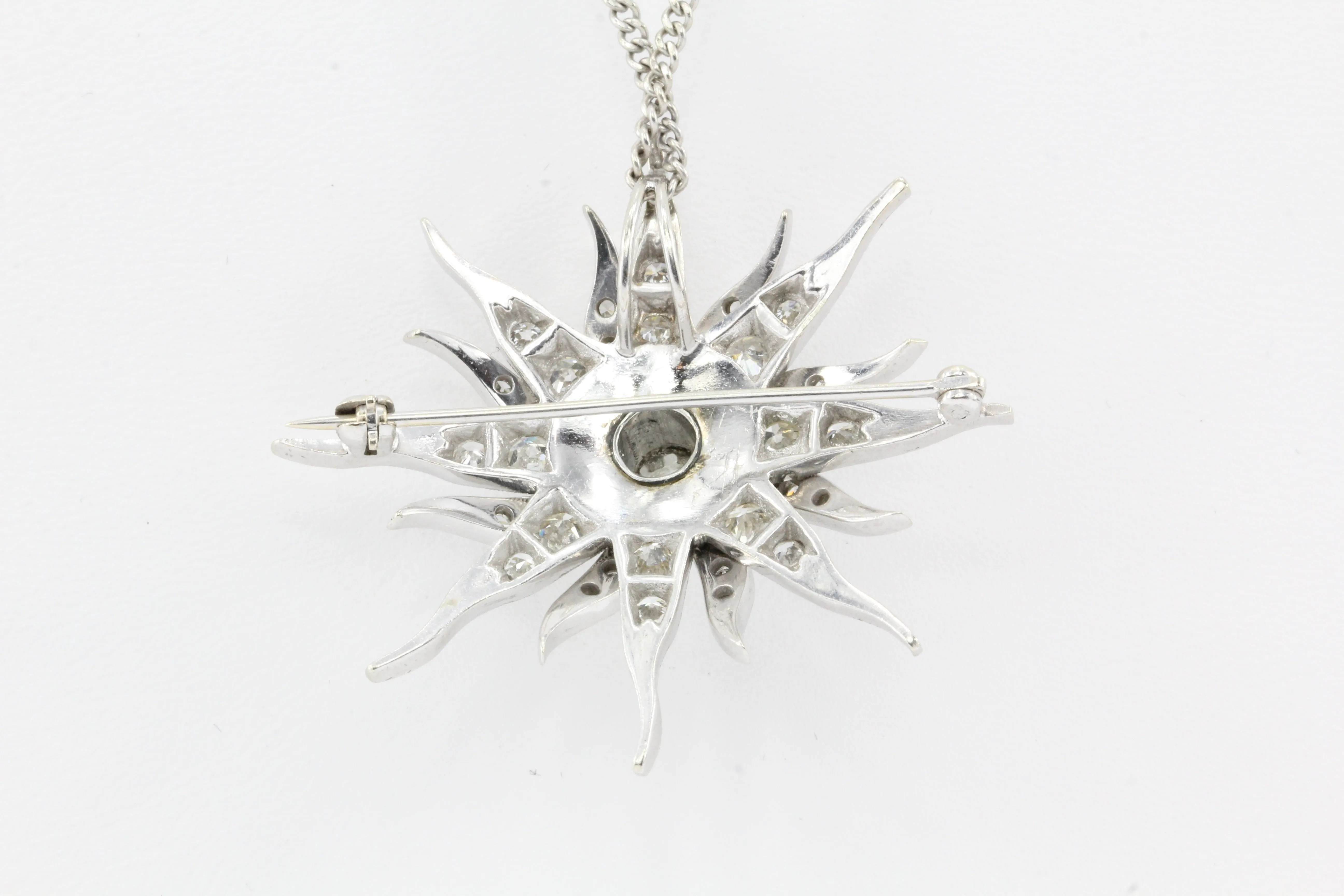 Art Nouveau Platinum Diamond Sun / Star Burst Pendant / Brooch Necklace c.1900