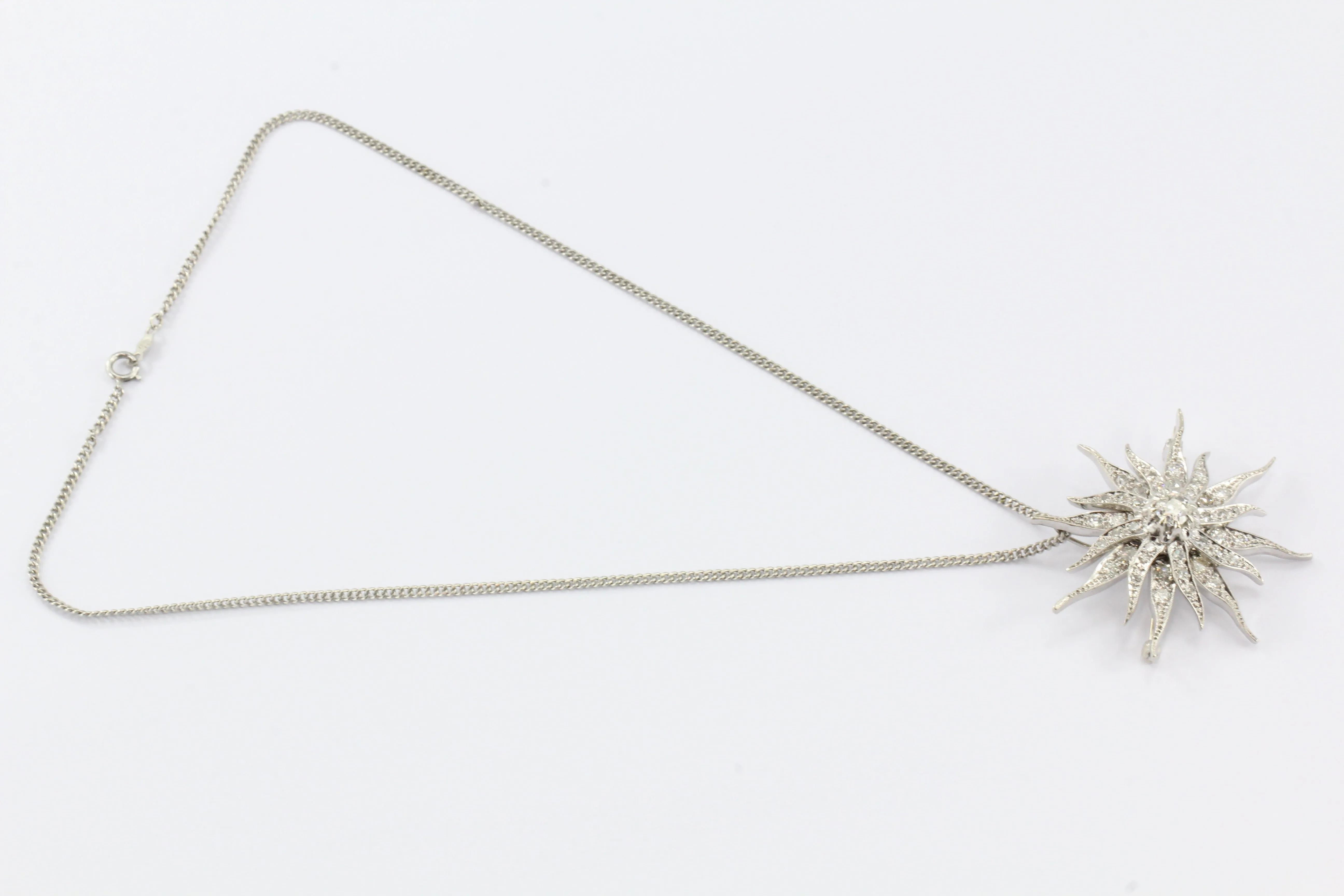 Art Nouveau Platinum Diamond Sun / Star Burst Pendant / Brooch Necklace c.1900