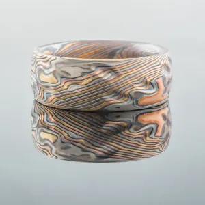 Artisan-Crafted Mokume Gane Wedding Band or Ring in Firestorm Palette and Twist Pattern with Kazaru