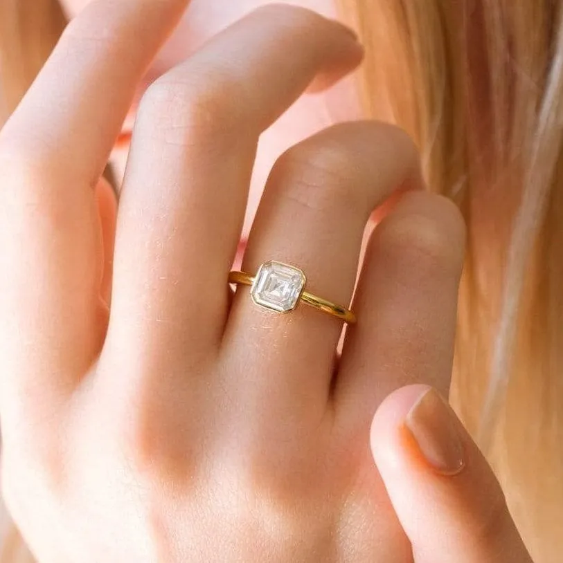 Asscher Moissanite Engagement Ring Yellow Gold Vintage Unique Engagement Ring For Women Asscher Diamond Wedding Anniversary Gift