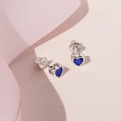 Baby and Children's Earrings:  Sterling Silver Bezel Set Sapphire CZ Hearts with Screw Backs