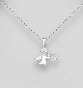 Baby and Children's Necklaces:  Sterling Silver Little Angel With Heart on Chain Length of Your Choice