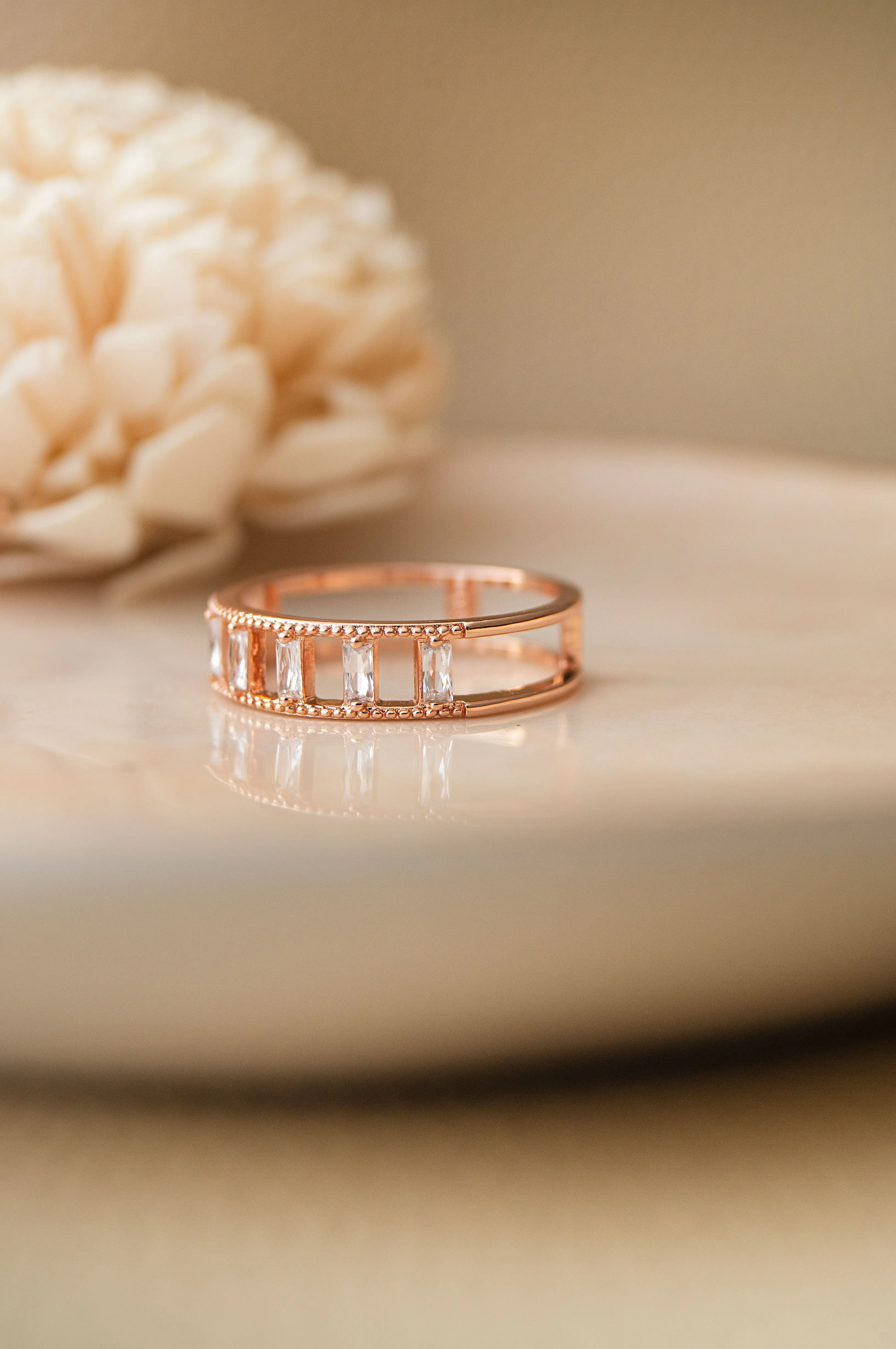 Baguette Station Band Rose Gold Plated Sterling Silver Band Ring